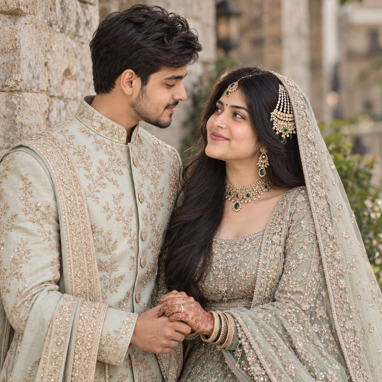 Newly married South Asian couple in pastel mint wedding attire sharing a tender moment against a rustic stone wall with soft natural bokeh.