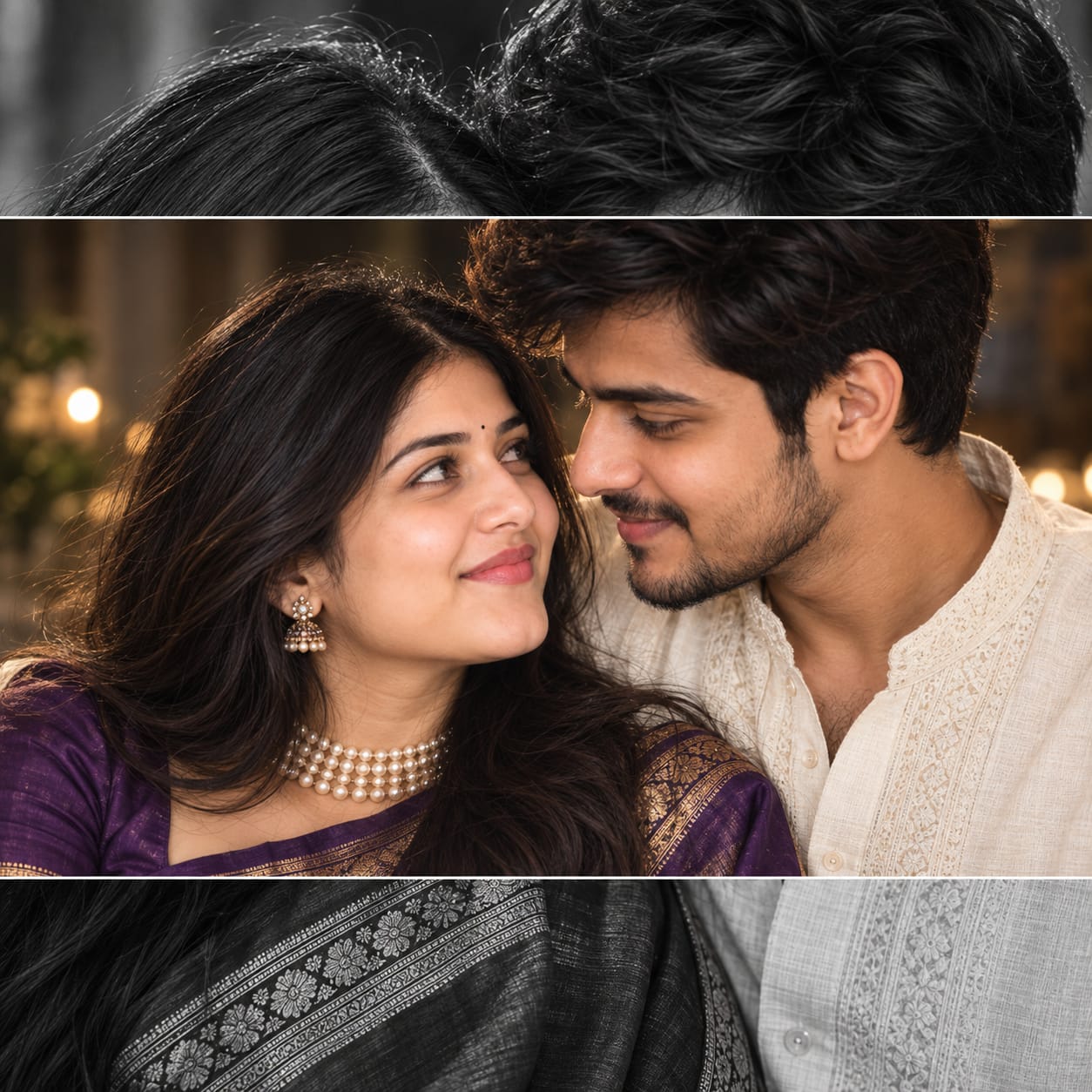 South Indian couple sharing an affectionate gaze in a three-panel cinematic collage featuring silk saree, cream kurtha, and monochrome hair and fabric details.