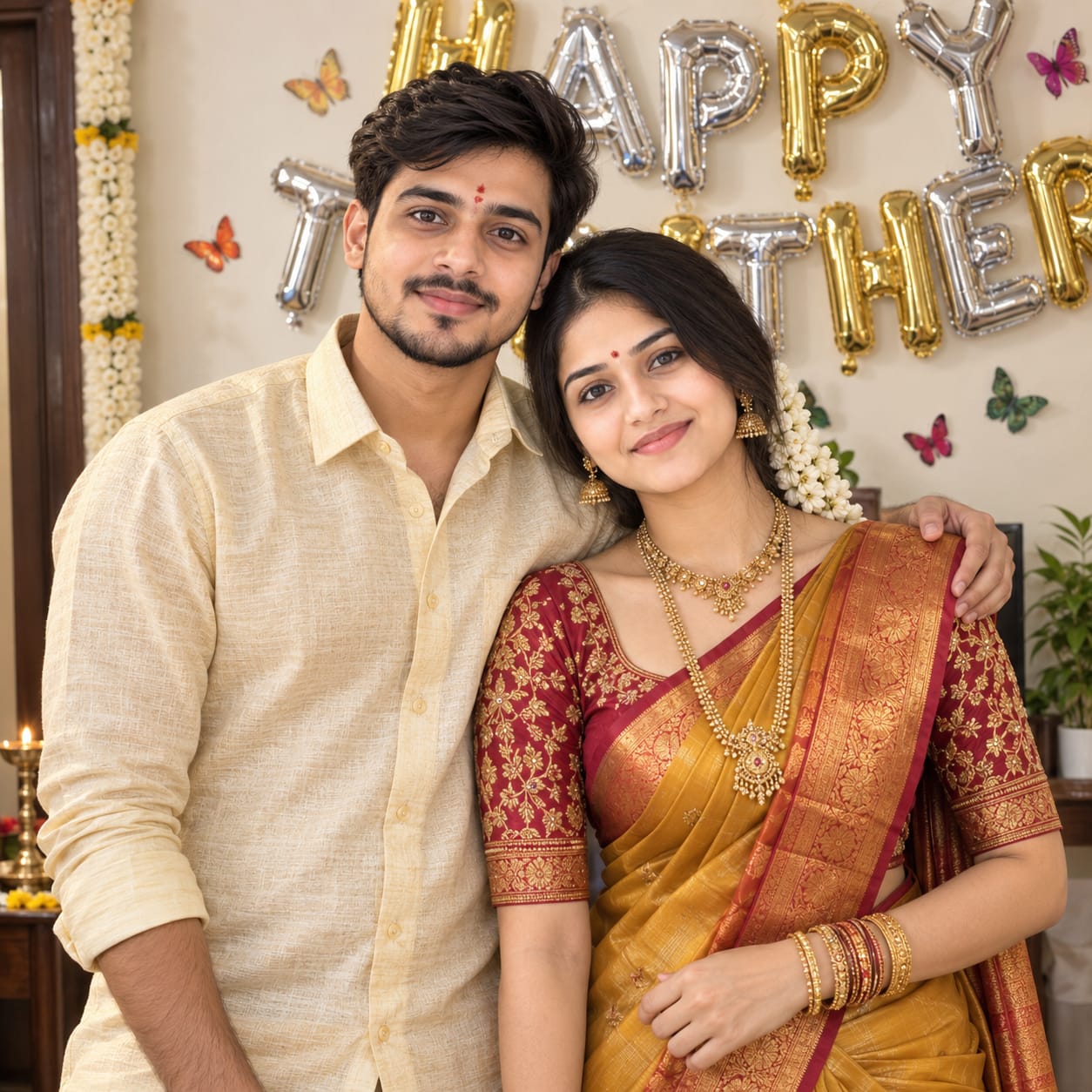 Cheerful South Indian couple in traditional silk attire with gold jewelry and jasmine gajra posing at a festive home celebration