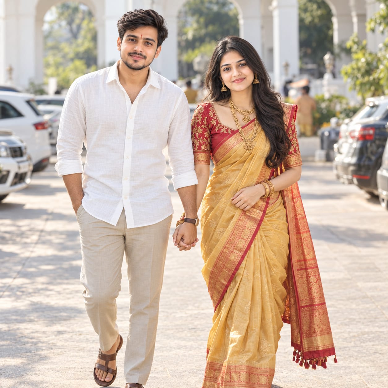 South Indian couple walking hand-in-hand outdoors, wearing a yellow silk saree with red-gold zari and a white linen shirt with beige trousers