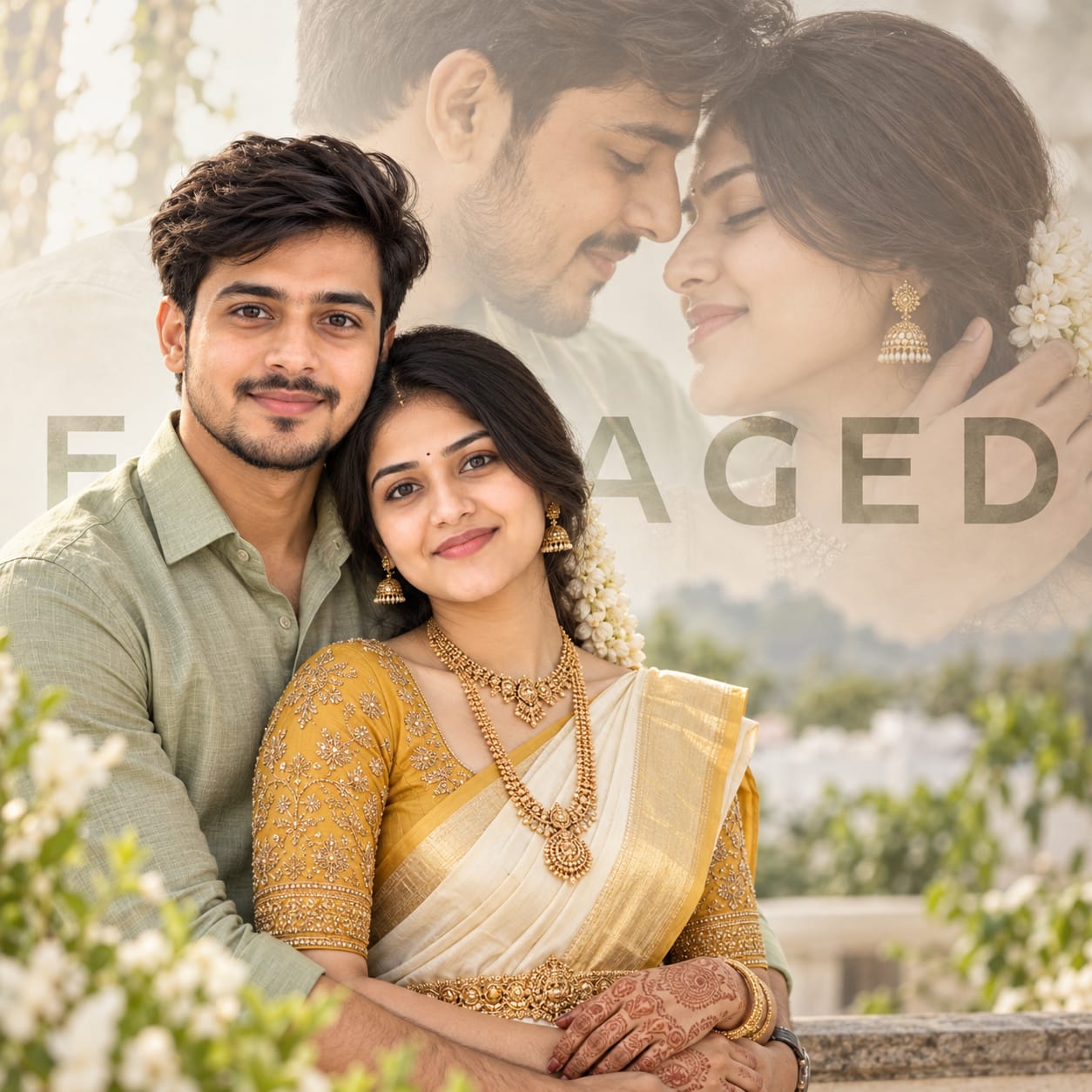 South Indian couple in a Kerala kasavu saree and sage-green shirt with gold jewelry and romantic double-exposure engagement styling