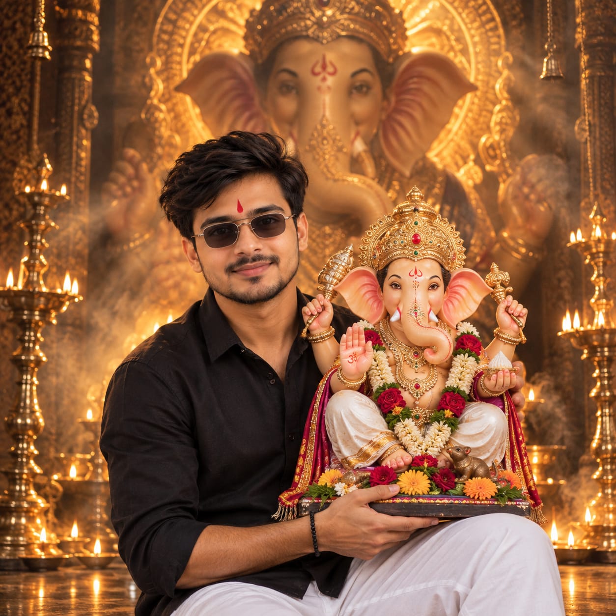 Stylish Indian man in black shirt and white trousers holding a colorful Lord Ganesha idol in a dramatic Ganesh Utsav devotional setting.