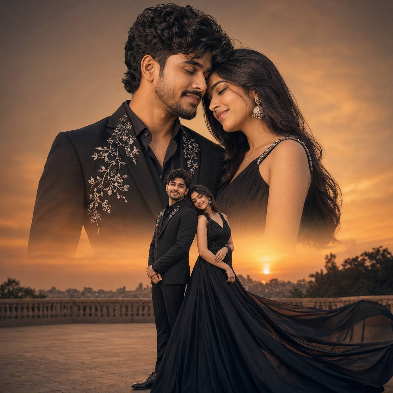Romantic couple featured in a cinematic sunset double-exposure portrait with emotional storytelling and luxury editorial styling Prompt.