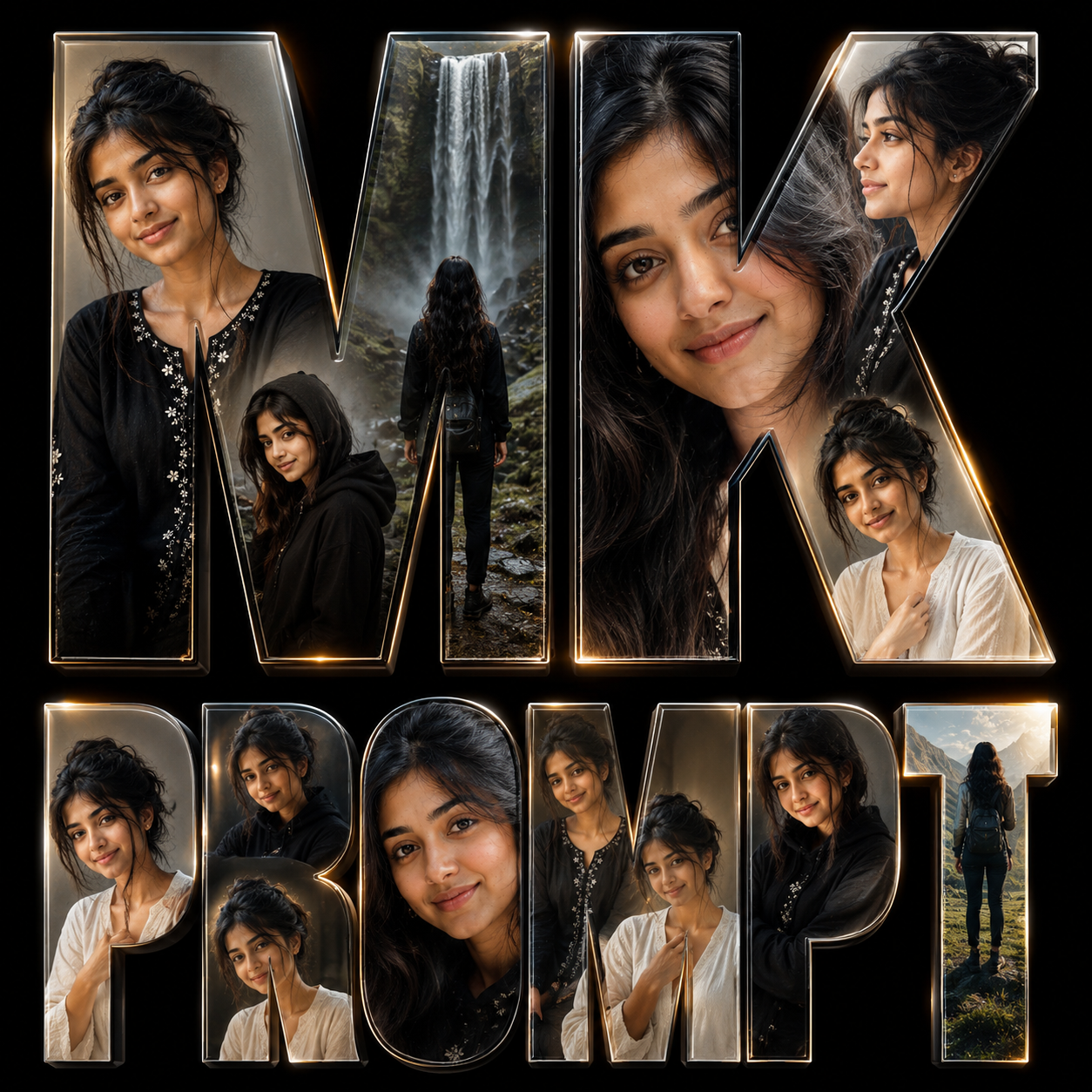 Massive 3D Text typography filled with multiple portraits of the same person in a luxury cinematic collage poster Prompt.