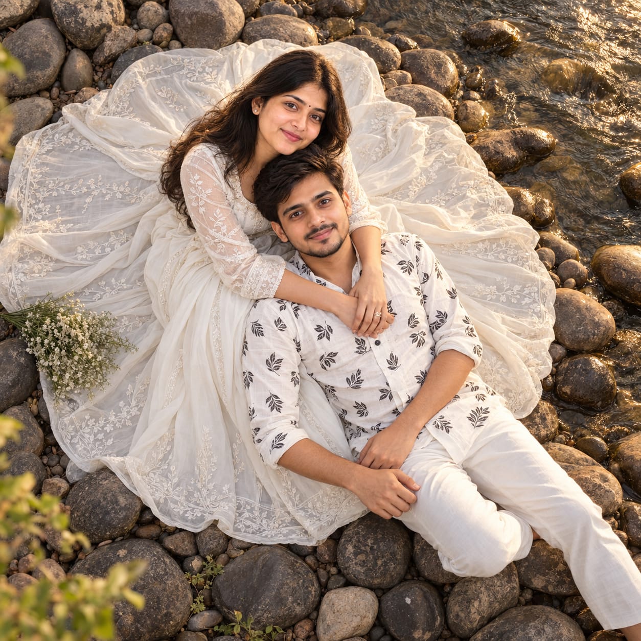 Top-down pre-wedding couple portrait on a rocky riverbank, with the woman in a circular white gown embracing the man beside clear golden-hour river water.