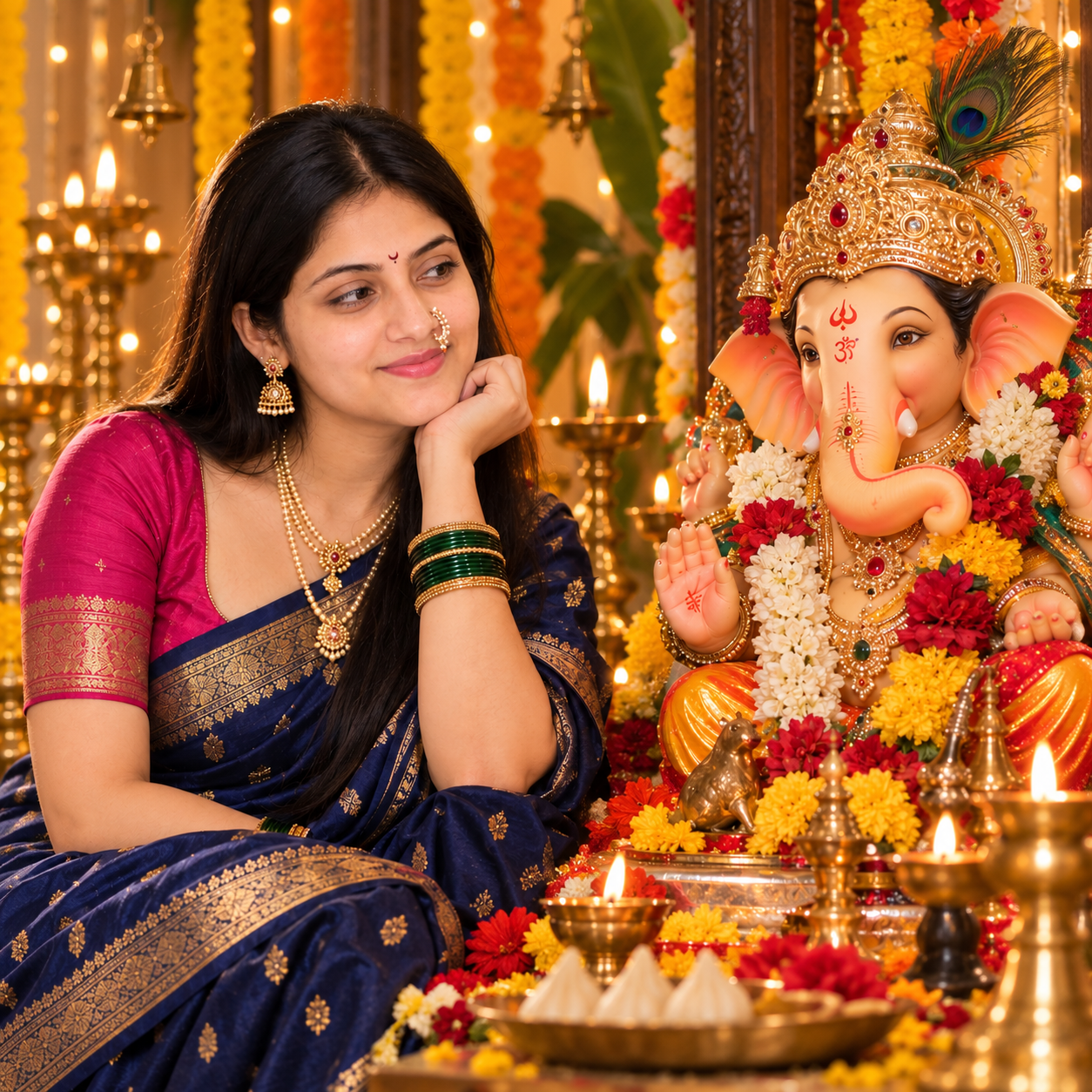 Ganesh Chaturthi female AI image prompt showing a woman in a saree beside a decorated Lord Ganesha idol in a festive puja setting.