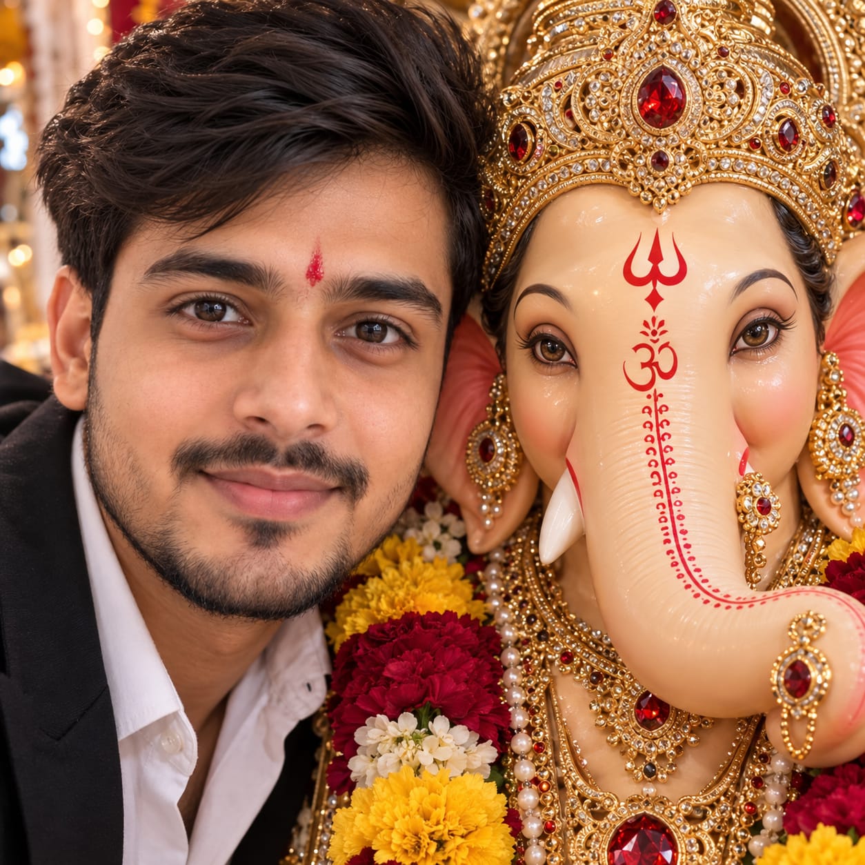 Young Indian man taking an intimate selfie beside an ornate Lord Ganesha idol during a festive Ganesh Chaturthi celebration.