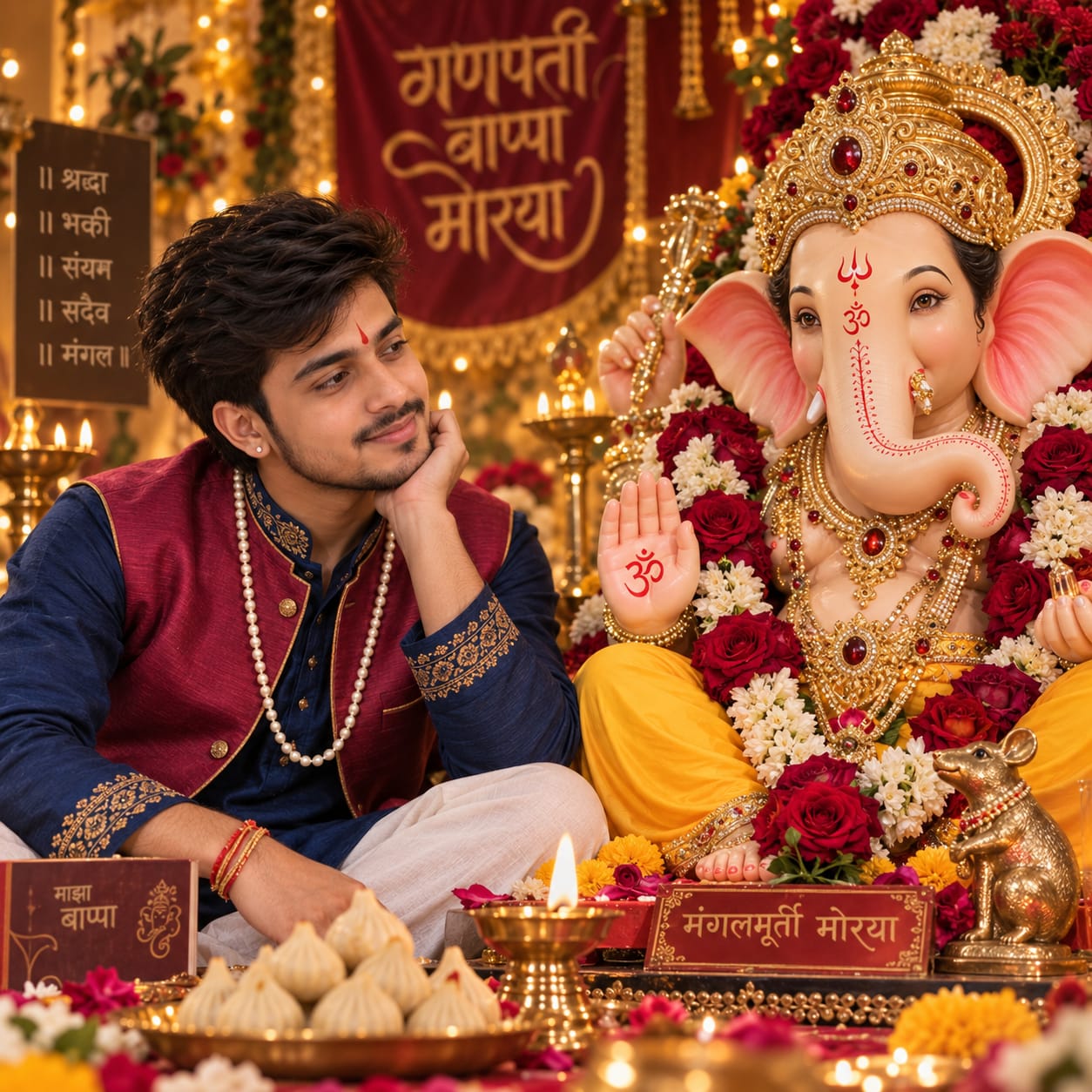 Young Indian man in traditional blue kurta and magenta vest seated beside an ornate Lord Ganesha idol at a festive Ganesh Chaturthi pandal.