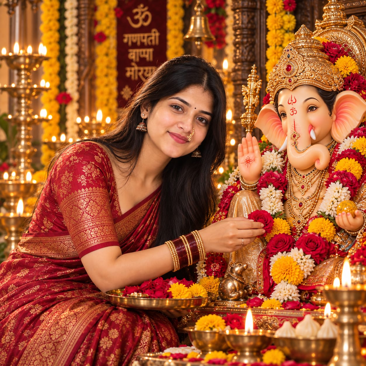 Indian woman in a red saree kneeling before Lord Ganesha and offering rose petals and marigold flowers beside a glowing diya.