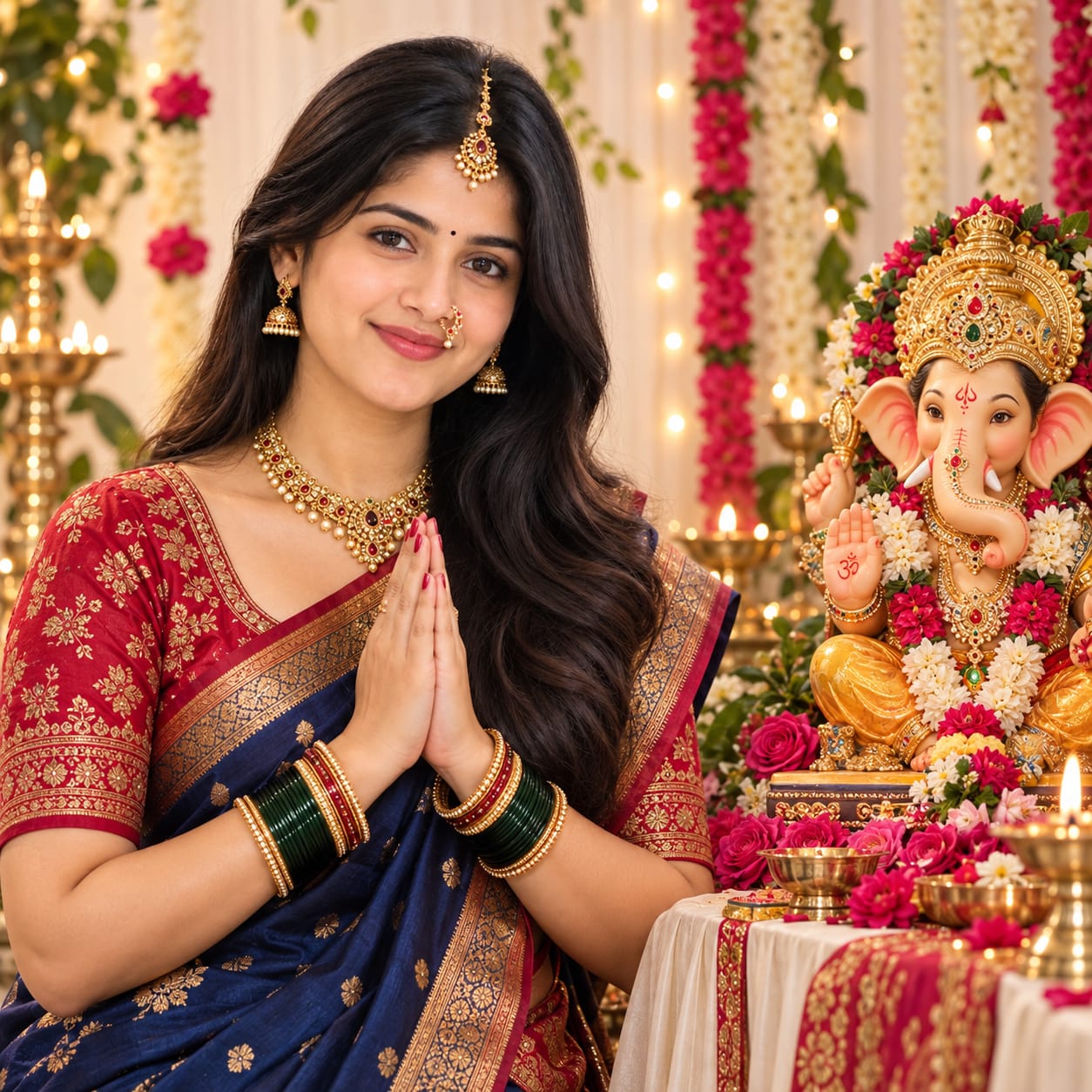 Indian woman in a traditional silk saree offering Namaste beside a decorated Lord Ganesha idol in a festive studio setting.