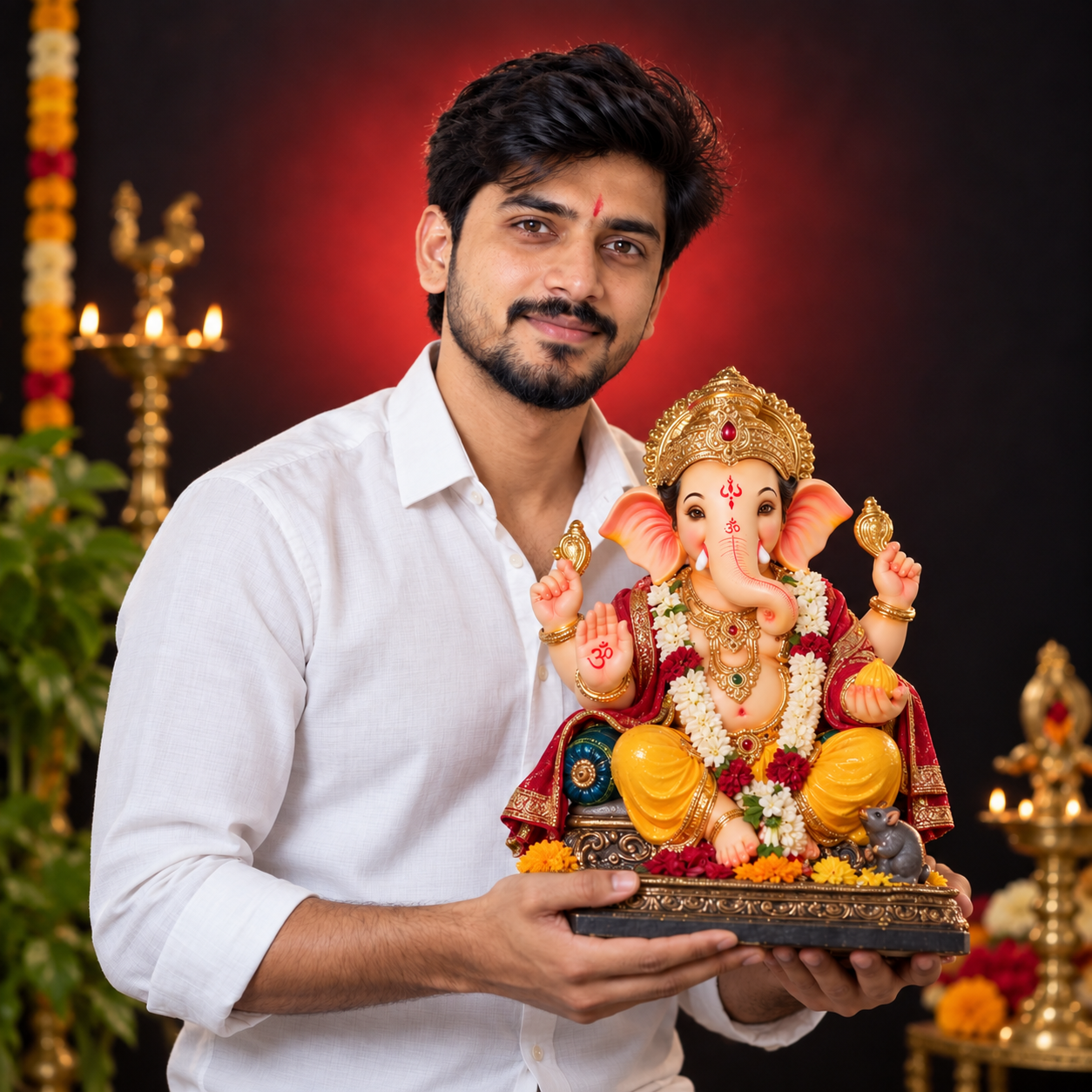 Indian man in a white shirt holding a decorated Lord Ganesha idol during Ganesh Chaturthi in a cinematic studio portrait.