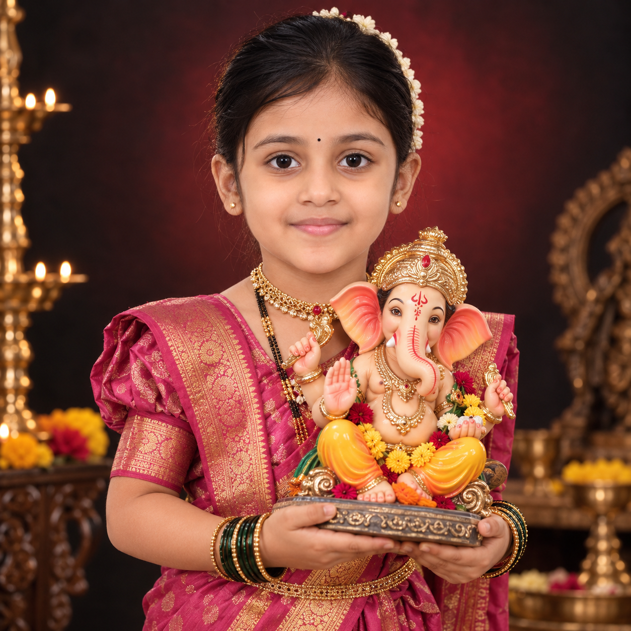 Young Indian girl in a pink Nauvari saree holding a colorful Lord Ganesha idol in a cinematic Ganesh Chaturthi studio portrait.