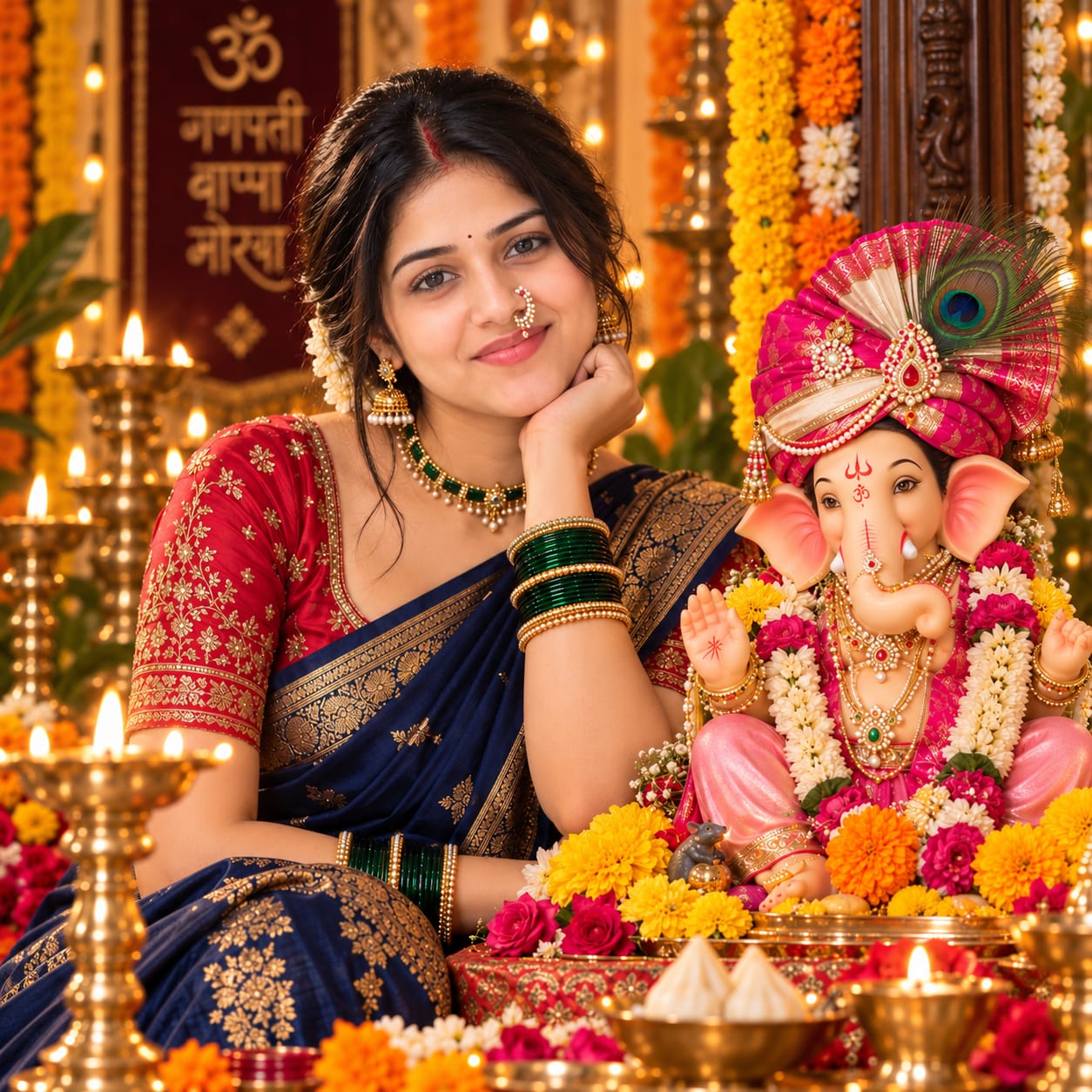 Maharashtrian woman in a navy-blue Nauvari saree posing beside a decorated Bal Ganesha idol during Ganesh Chaturthi.