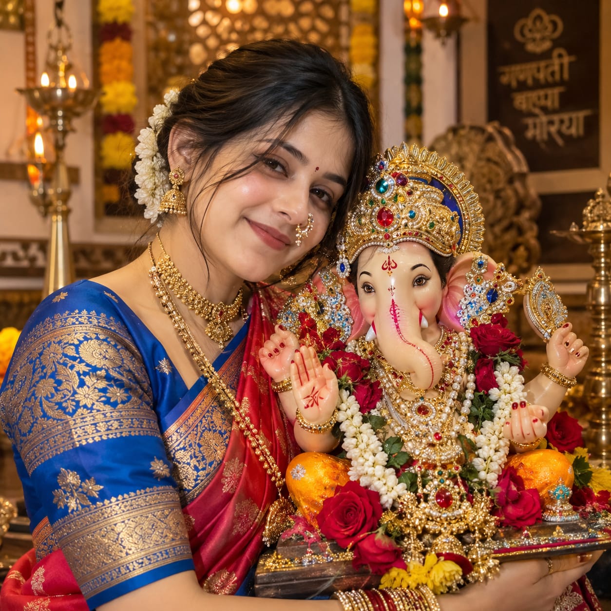 Maharashtrian woman in a blue and red silk saree holding a decorated Lord Ganesha idol in a festive devotional setting.
