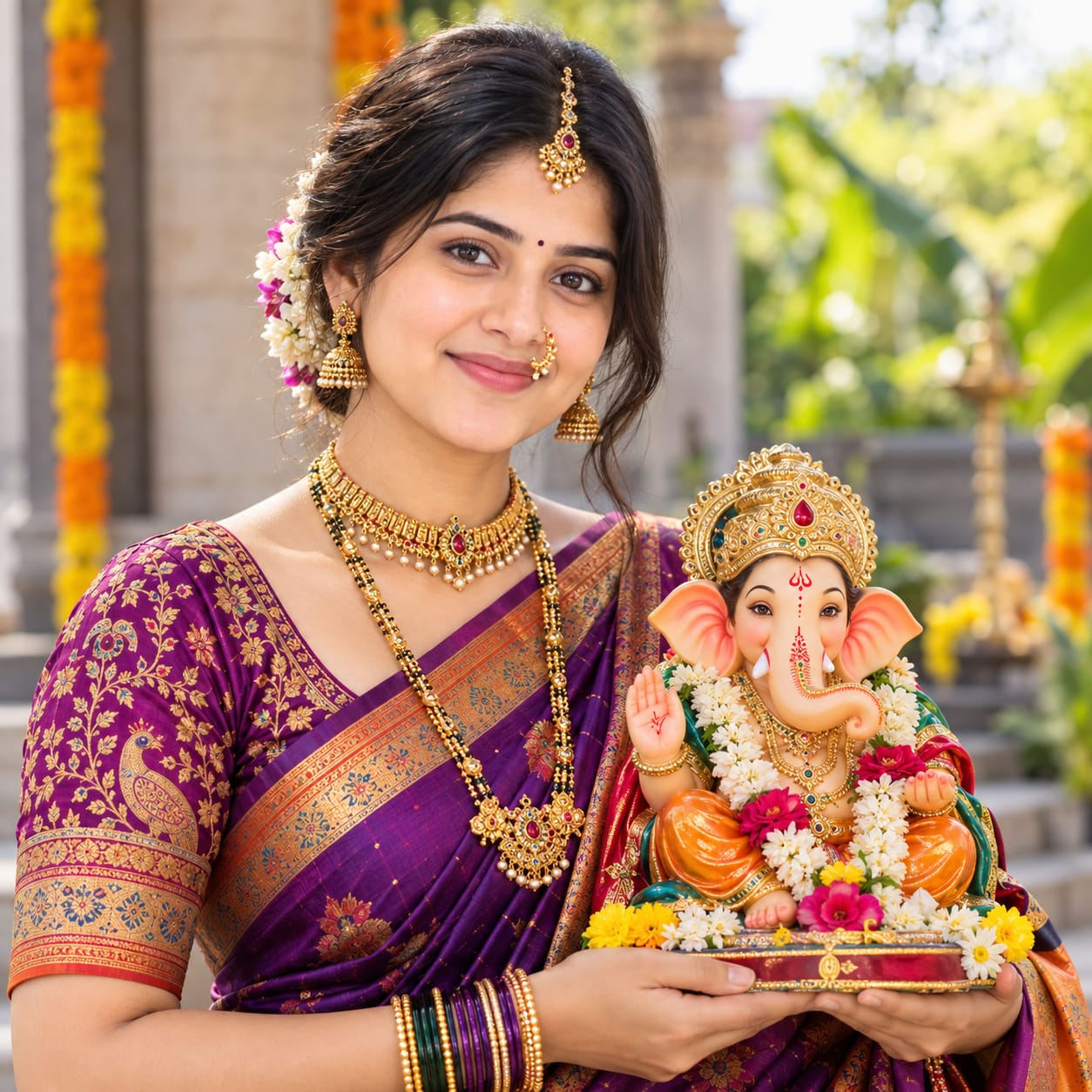 Maharashtrian woman in a purple Paithani saree holding a colorful Lord Ganesha idol in a realistic outdoor portrait.