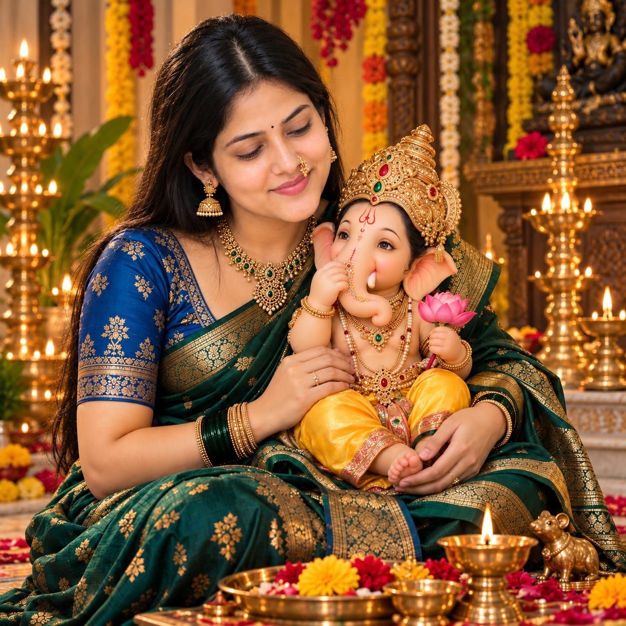 South Indian mother in a green silk saree lovingly holding baby Lord Ganesha in her lap during a warm devotional portrait.