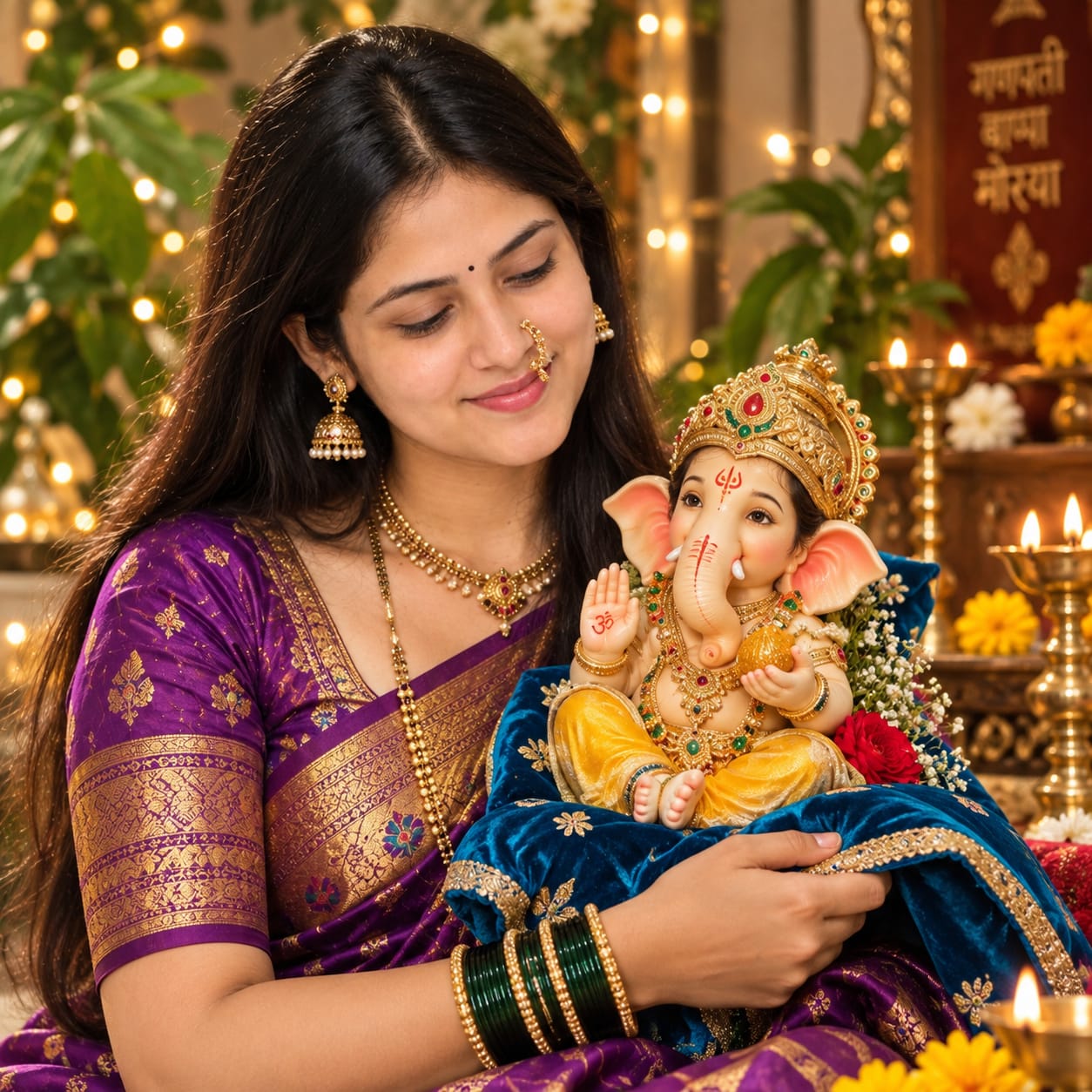 Indian woman in a purple Paithani saree lovingly holding a small baby Lord Ganesha idol on blue velvet cloth.