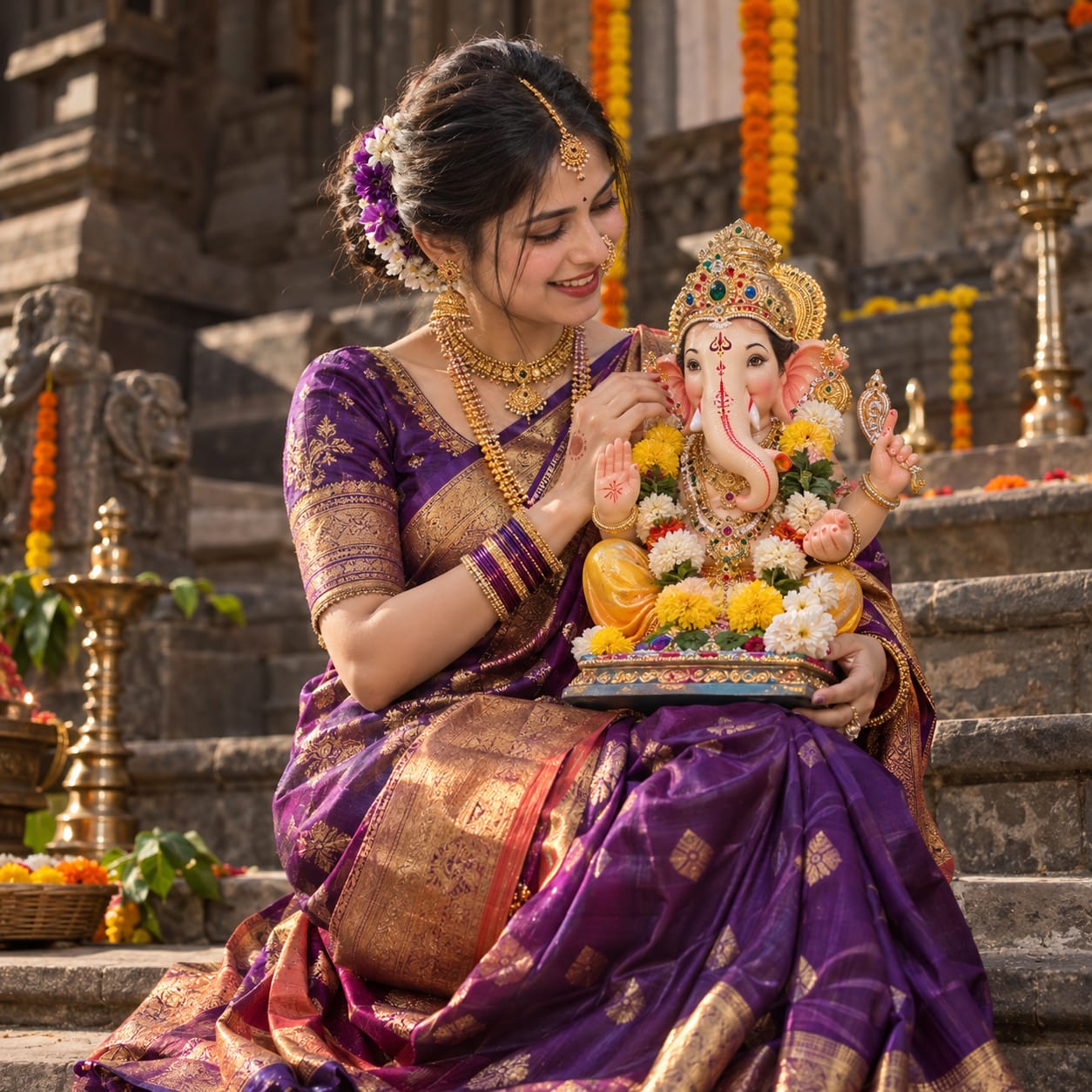 Indian woman in a purple silk saree holding a decorated Lord Ganesha idol while seated on traditional temple steps.