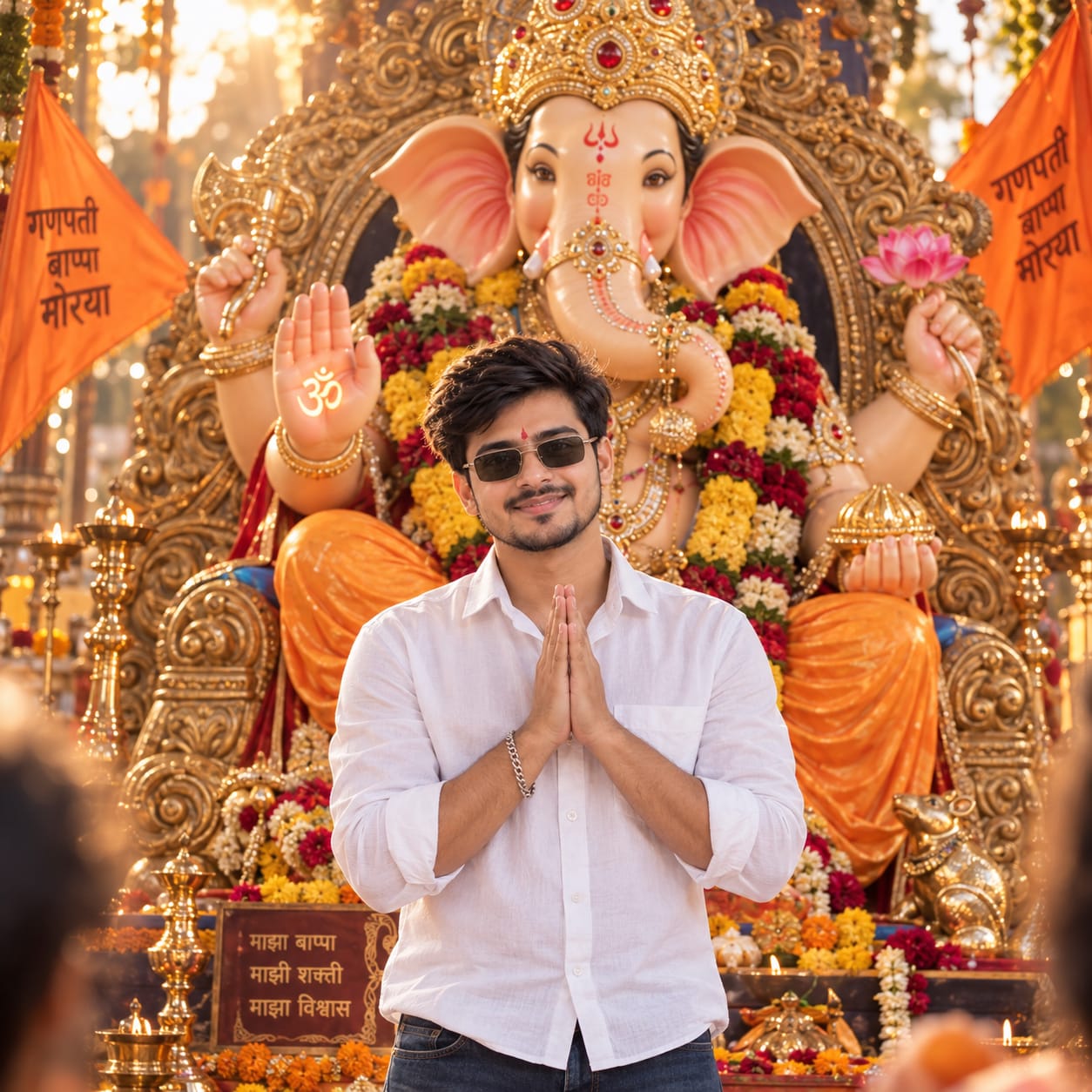 Young Indian man smiling and offering Namaste before a grand Lord Ganesha idol during a festive Ganesh Chaturthi celebration.