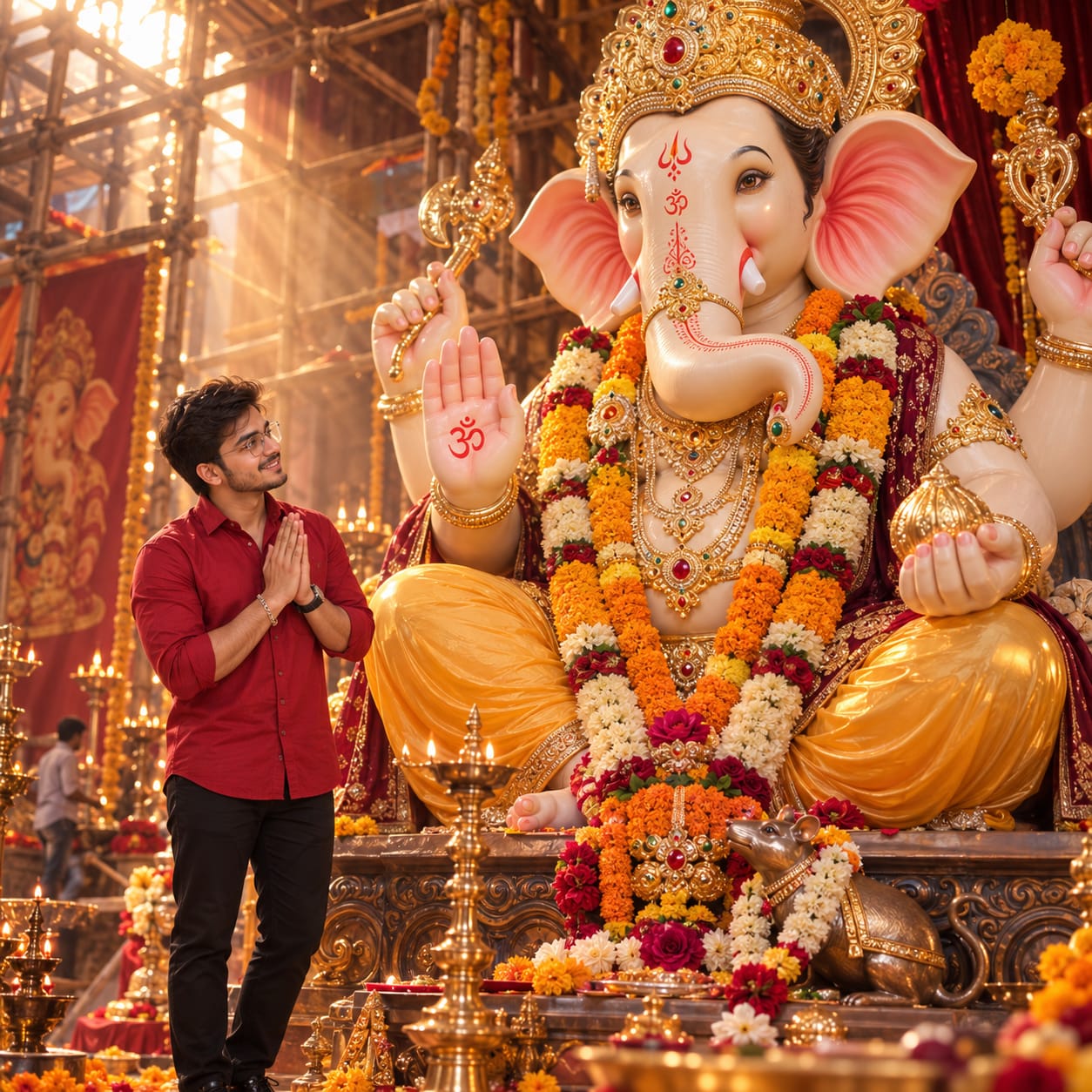 Young Indian man smiling and looking toward a gigantic white Lord Ganesha idol during a grand Ganesh Chaturthi celebration.