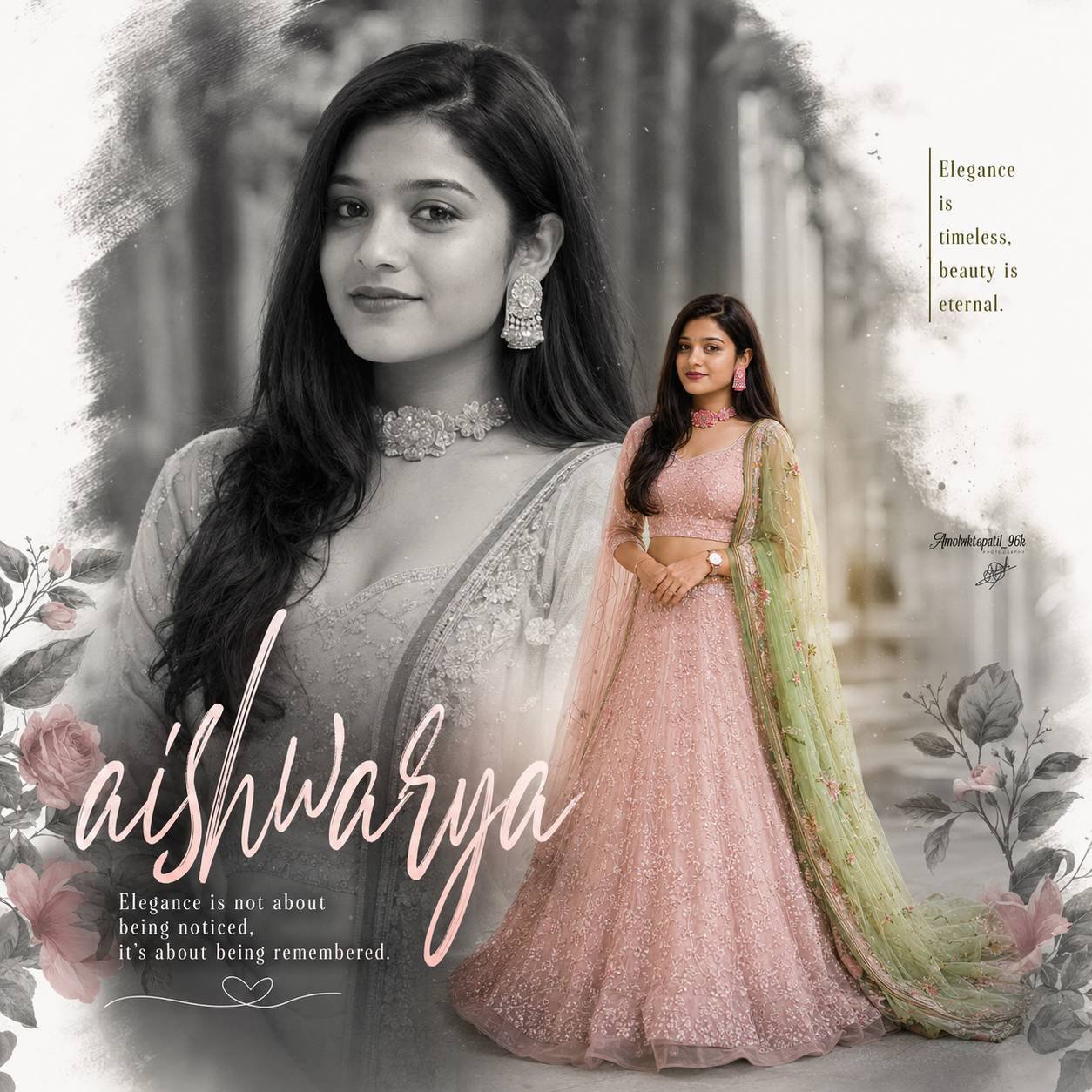 Indian girl in a pink lehenga with green dupatta featured in a luxury collage poster with a large monochrome portrait background and elegant typography Prompt.