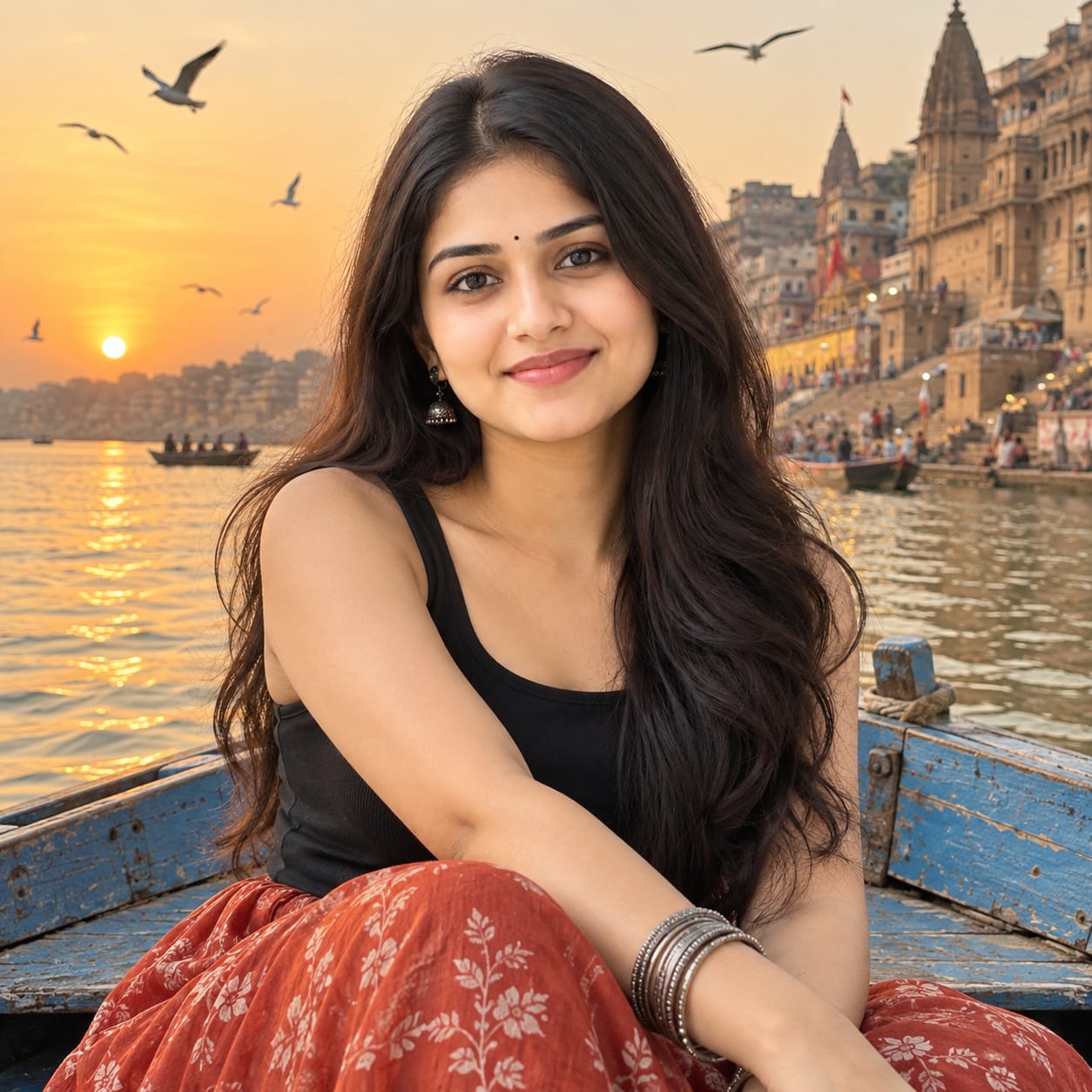 Woman seated on a weathered blue wooden boat on the Ganges at sunset with Varanasi ghats and distant seagulls in the background.