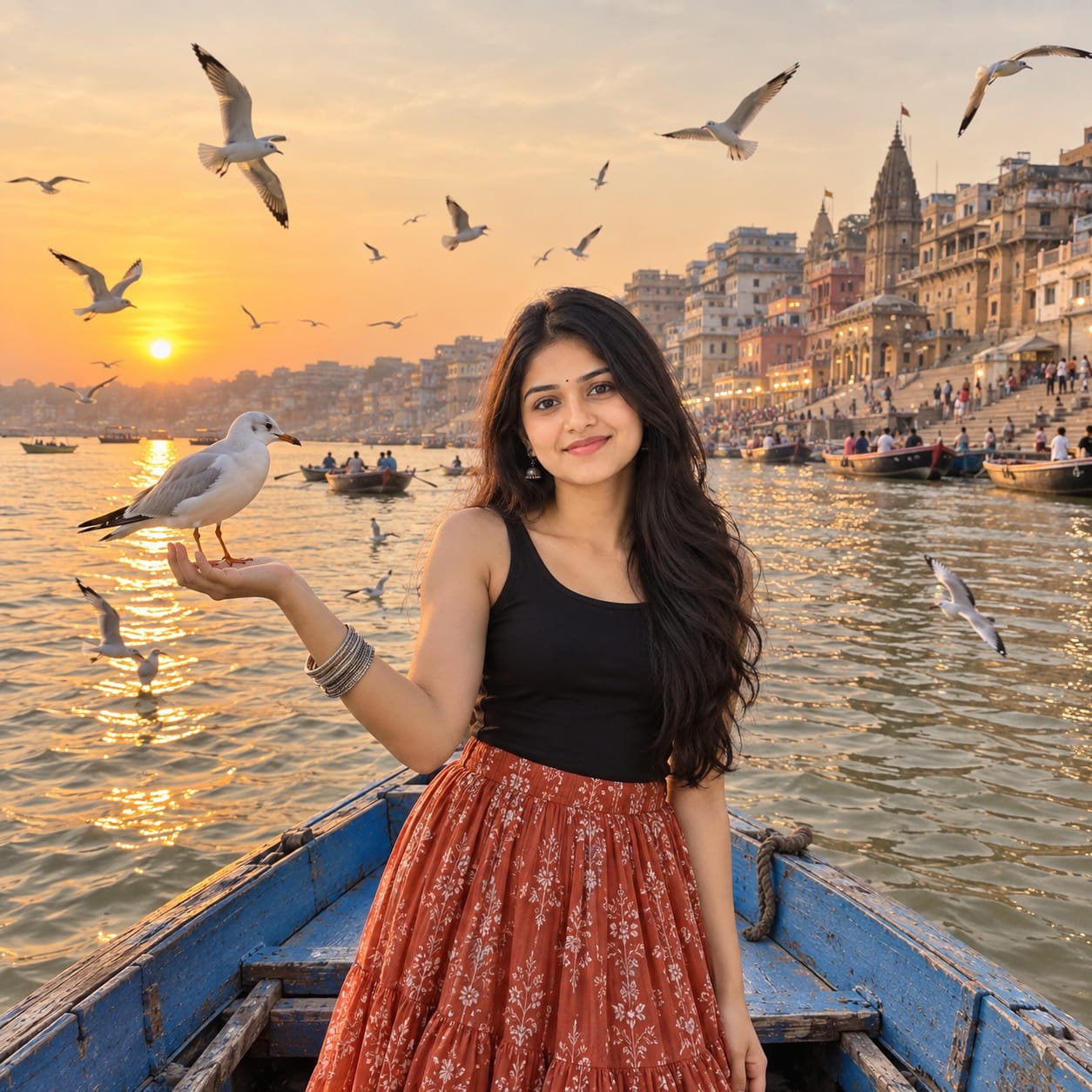 Woman standing on a weathered blue wooden boat on the Ganges at sunset with a seagull perched on her hand and Varanasi ghats behind her.
