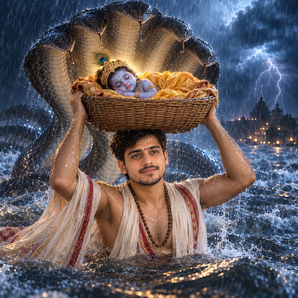 Vasudeva carrying sleeping newborn Krishna in a basket across the flooded Yamuna at night while Sheshnag protects them from heavy rain.