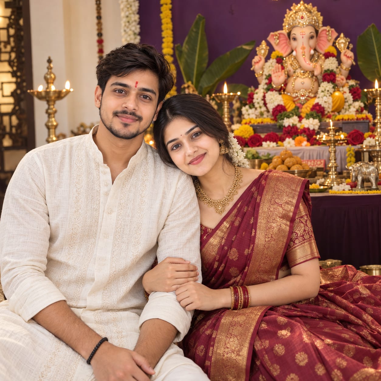 Indian couple celebrating Vinayaka Chaturthi beside a decorated Lord Ganesha idol, wearing traditional festive attire and gold jewelry