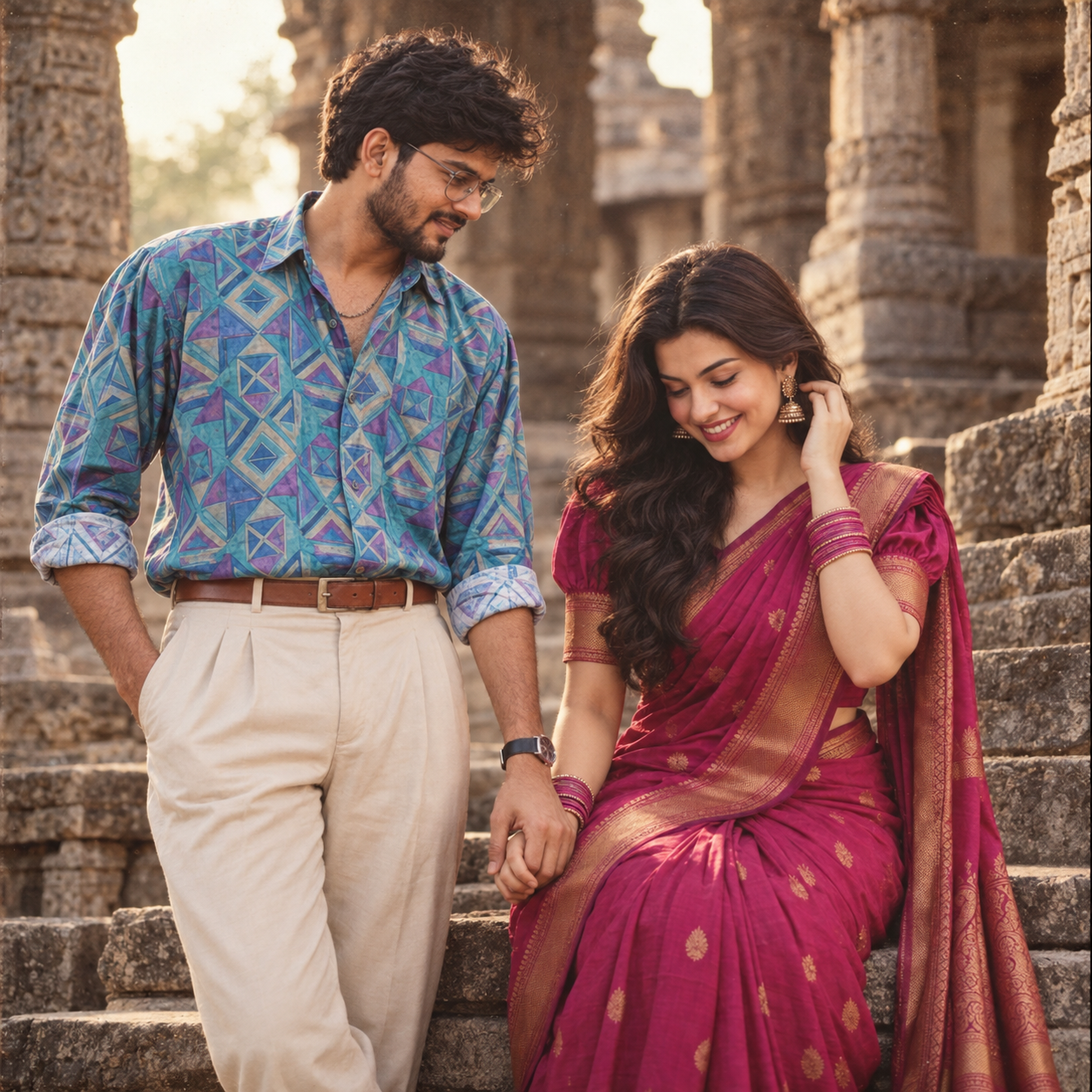 Young Indian couple sharing a shy romantic moment at an ancient stone temple ruin in a nostalgic 1990s vintage-film style portrait