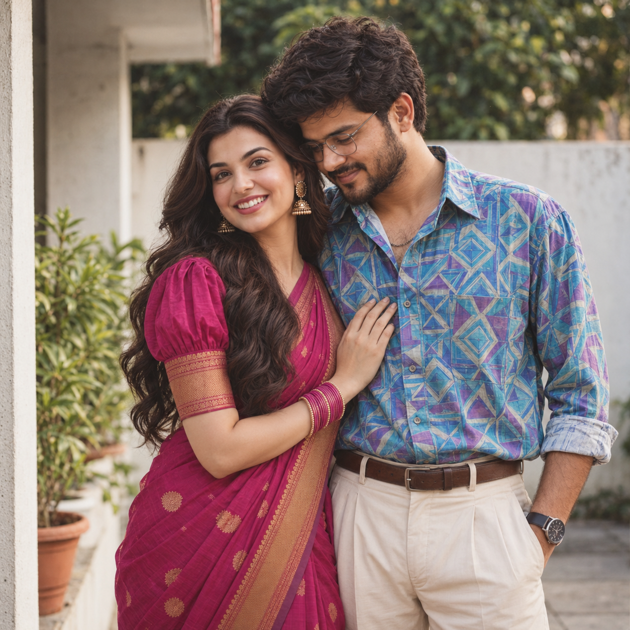 Indian couple standing closely together outdoors, with the woman in a magenta silk saree and man in a retro patterned shirt, styled in vintage 1980s photography aesthetics