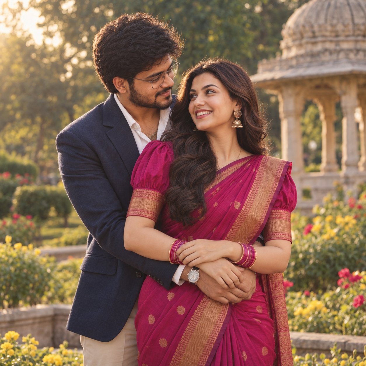 Indian couple sharing an intimate back embrace in a lush garden, with the woman in a magenta silk saree and man in a navy blazer, styled in vintage 1980s photography aesthetics