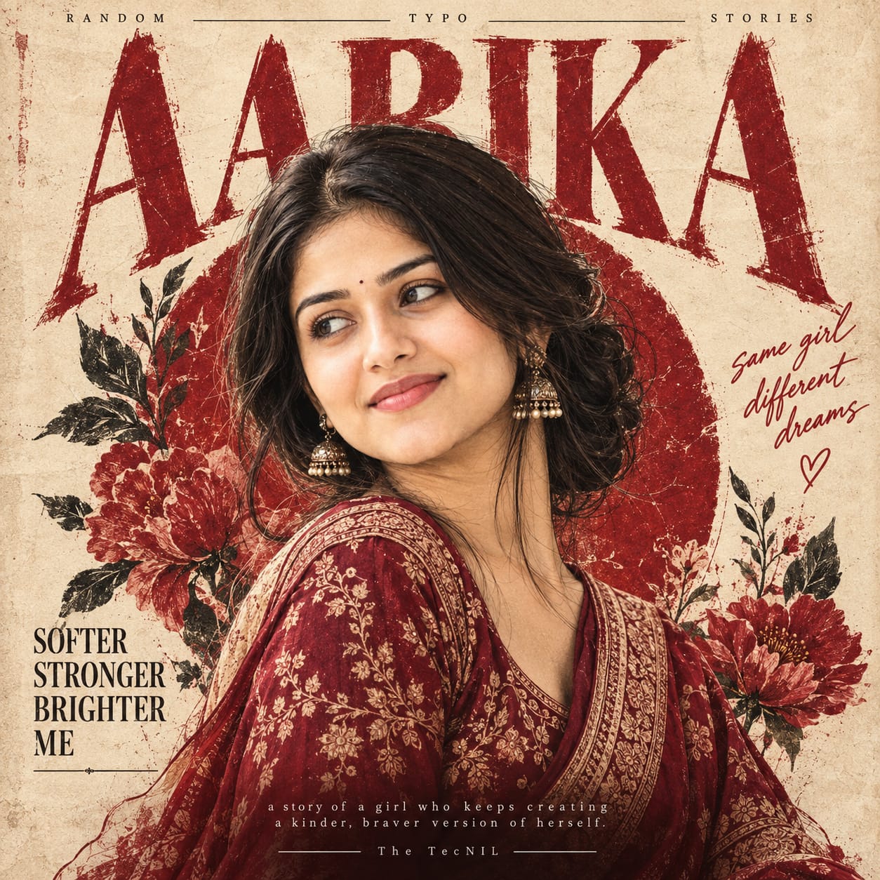 Vintage Indian fashion editorial poster featuring a woman in a maroon traditional outfit with jhumka earrings and distressed AARIKA typography
