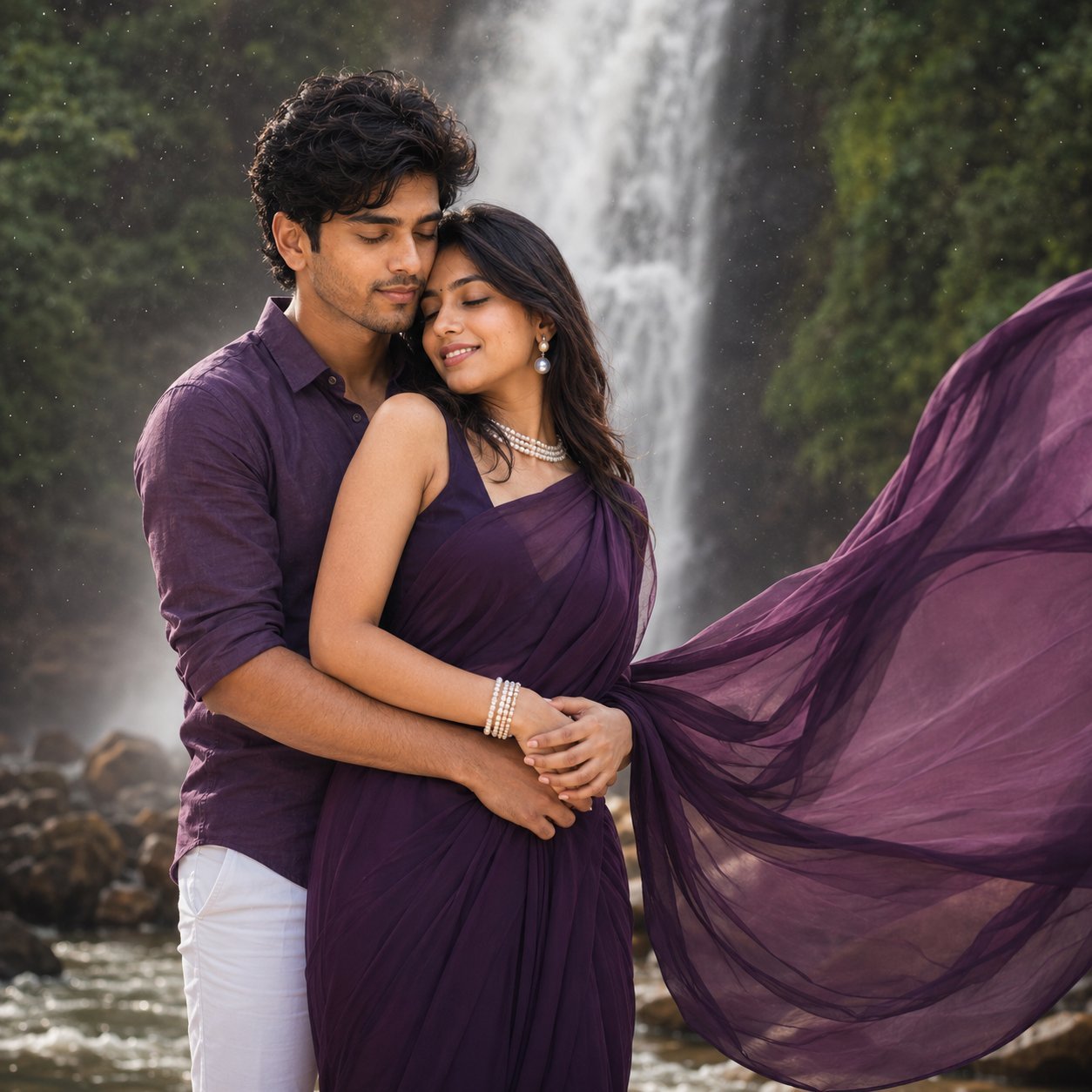 Romantic couple embracing in front of a waterfall with a flowing purple saree and cinematic pre-wedding styling Prompt.