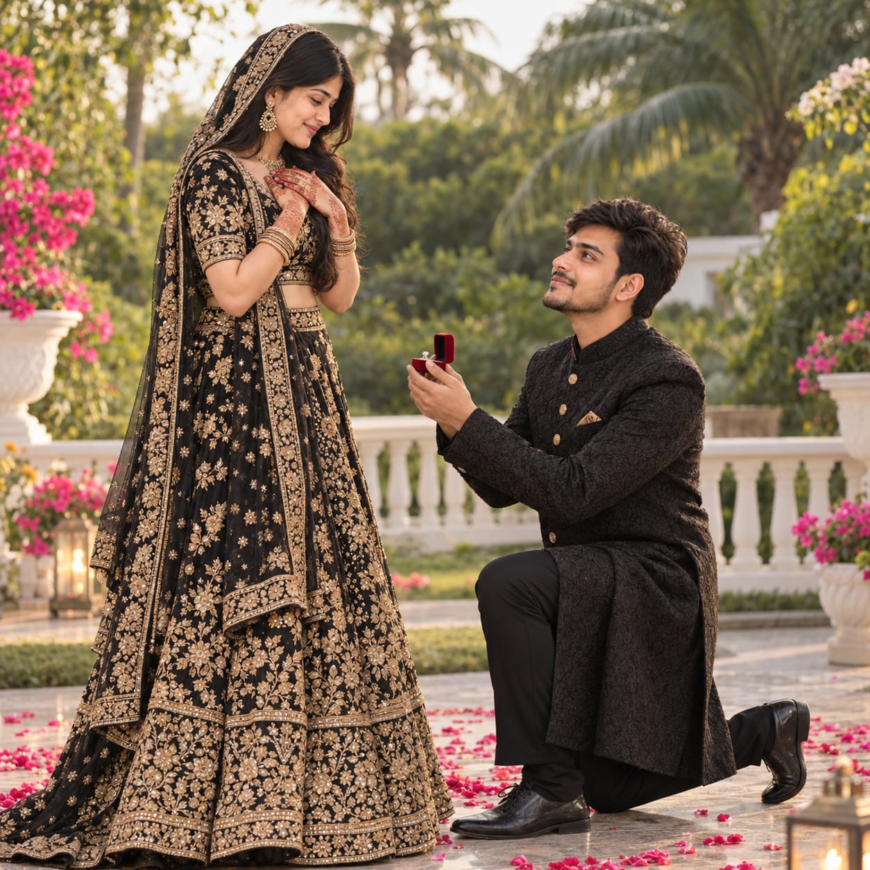 Indian groom kneeling with an open red ring box while proposing to a bride in a black-and-gold lehenga in an elegant outdoor garden.