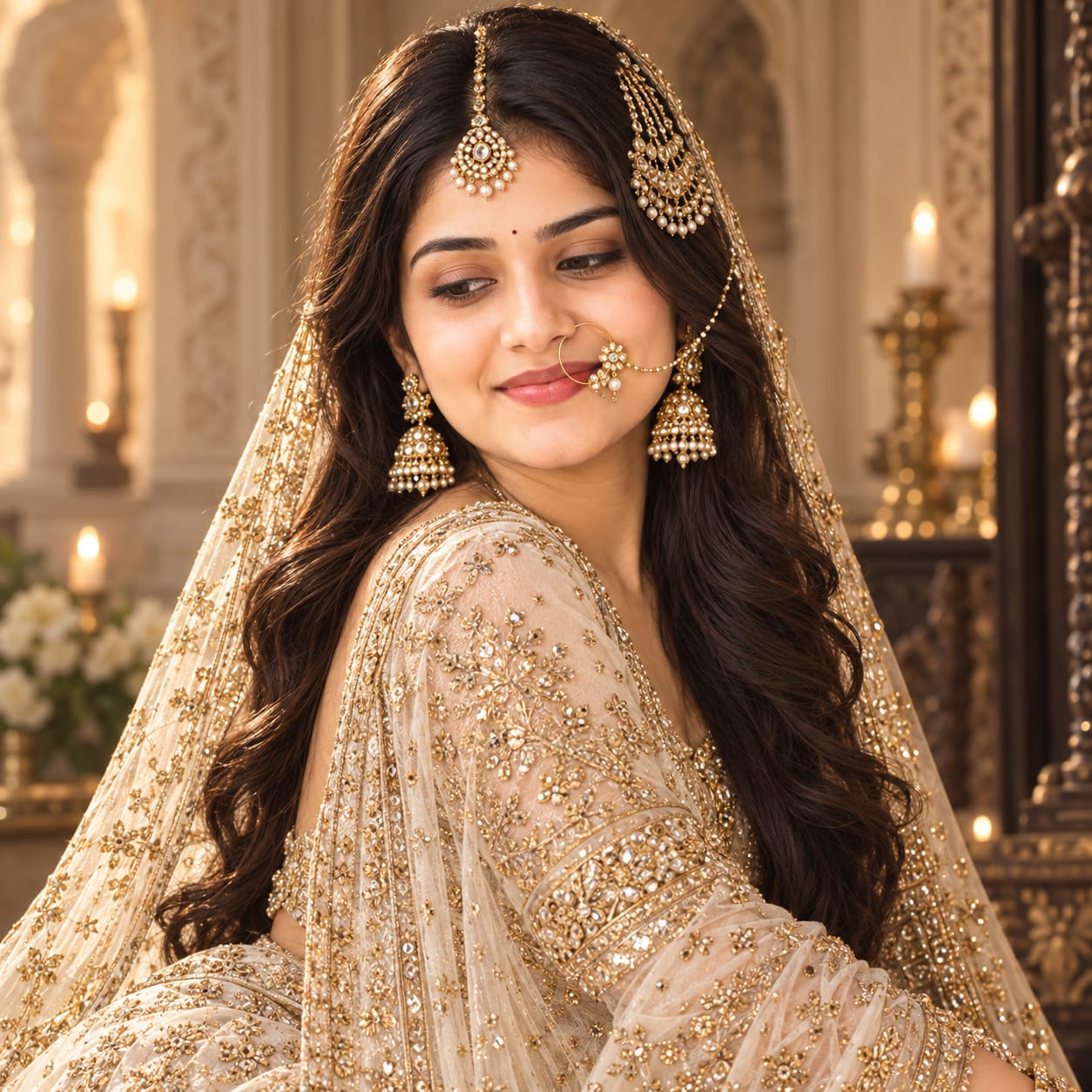 Indian bride wearing a white and gold embroidered lehenga with traditional jewelry, seated in a palace-inspired interior with warm editorial lighting.