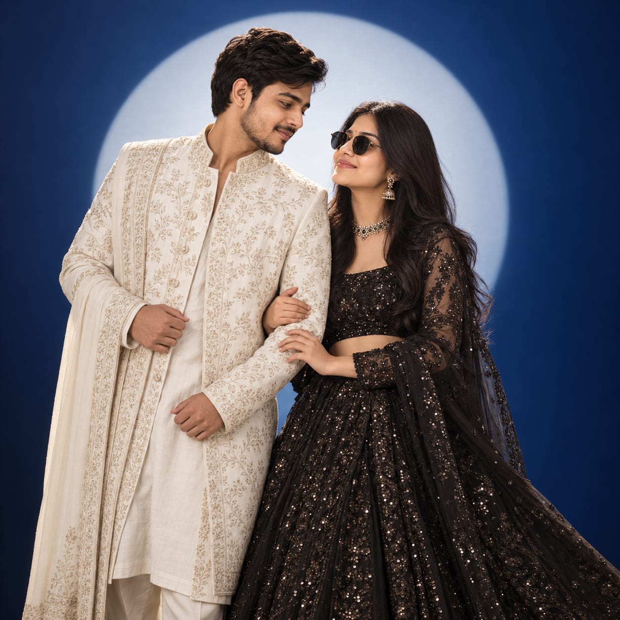 Elegant Indian couple in a white embroidered sherwani and black sequin lehenga posing affectionately against a deep-blue studio backdrop with halo lighting