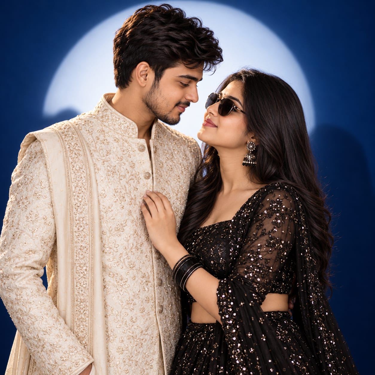 Indian couple in a white designer sherwani and royal-black sequin lehenga posing against a deep-blue studio backdrop with circular halo lighting