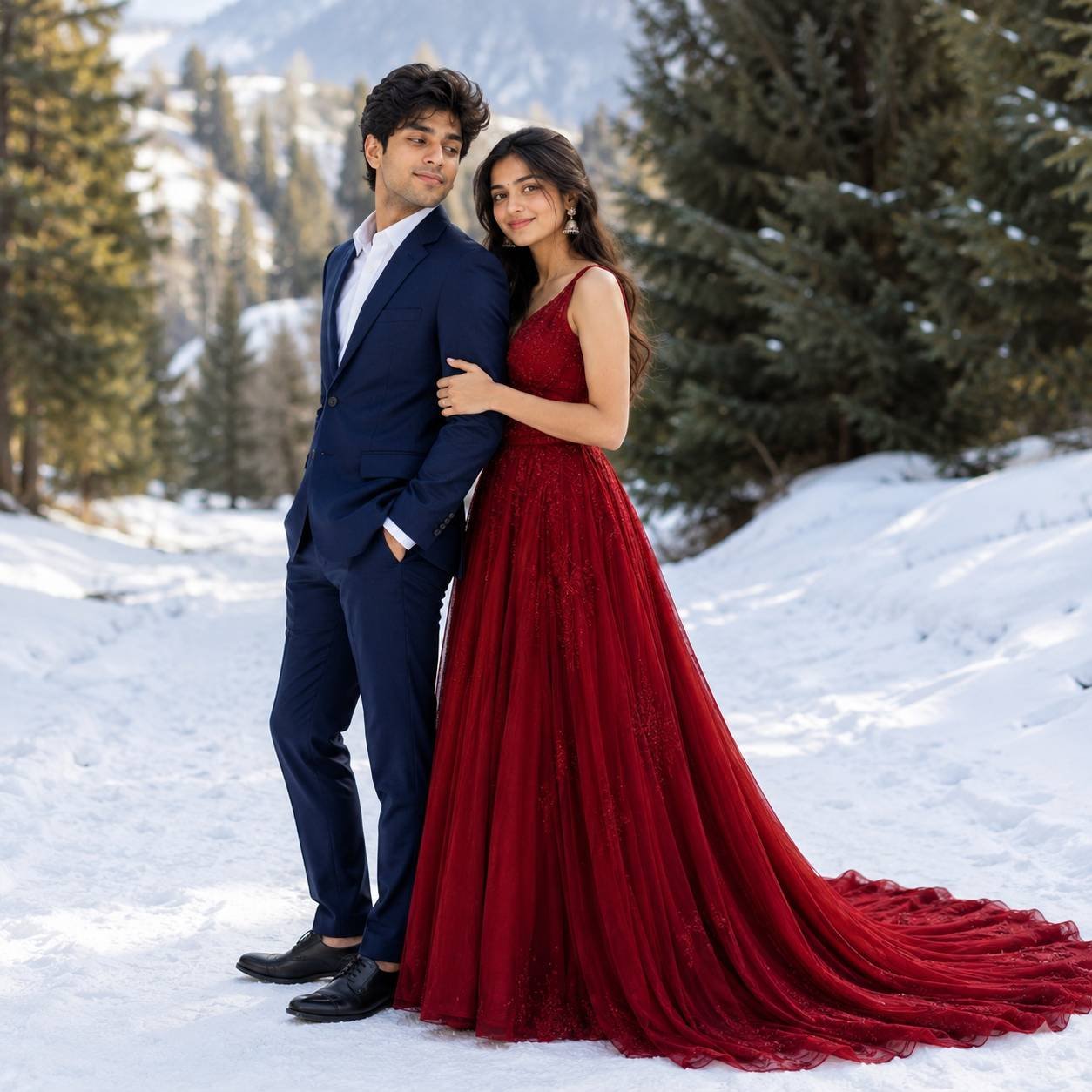 Elegant couple standing in a snowy winter landscape with a red gown and navy suit in a luxury cinematic portrait Prompt.