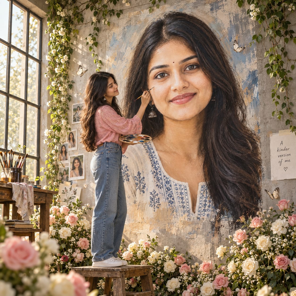 Young woman painting a giant portrait of herself on a raw concrete wall, surrounded by roses, vines, butterflies, and warm daylight.