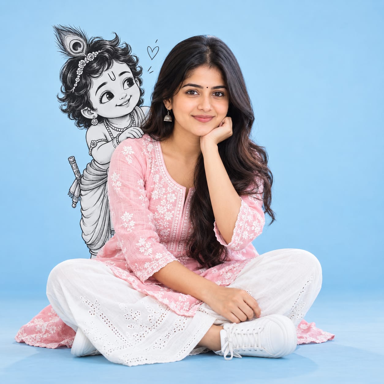 Young South Asian woman in a pink embroidered kurti sitting cross-legged with a cute black-and-white 2D Baby Krishna illustration on a light blue studio backdrop.