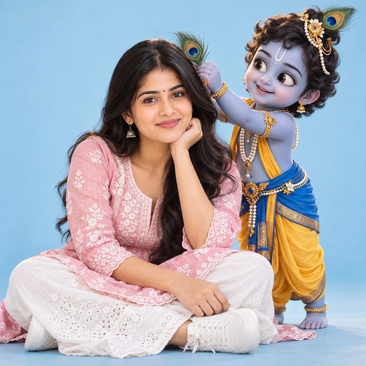 Young Indian woman in a pink kurta with cute 3D Baby Krishna placing a peacock feather in her hair against a light blue studio background.