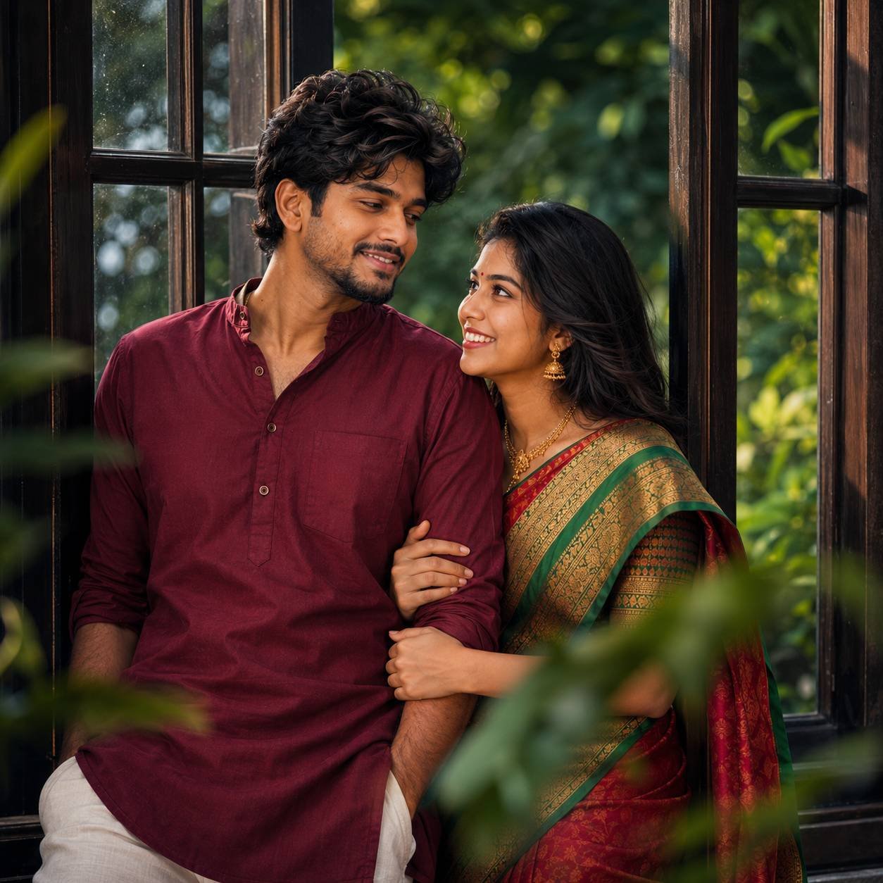 Romantic couple sharing a candid pre-wedding moment beside a wooden window with lush green bokeh background Prompt.