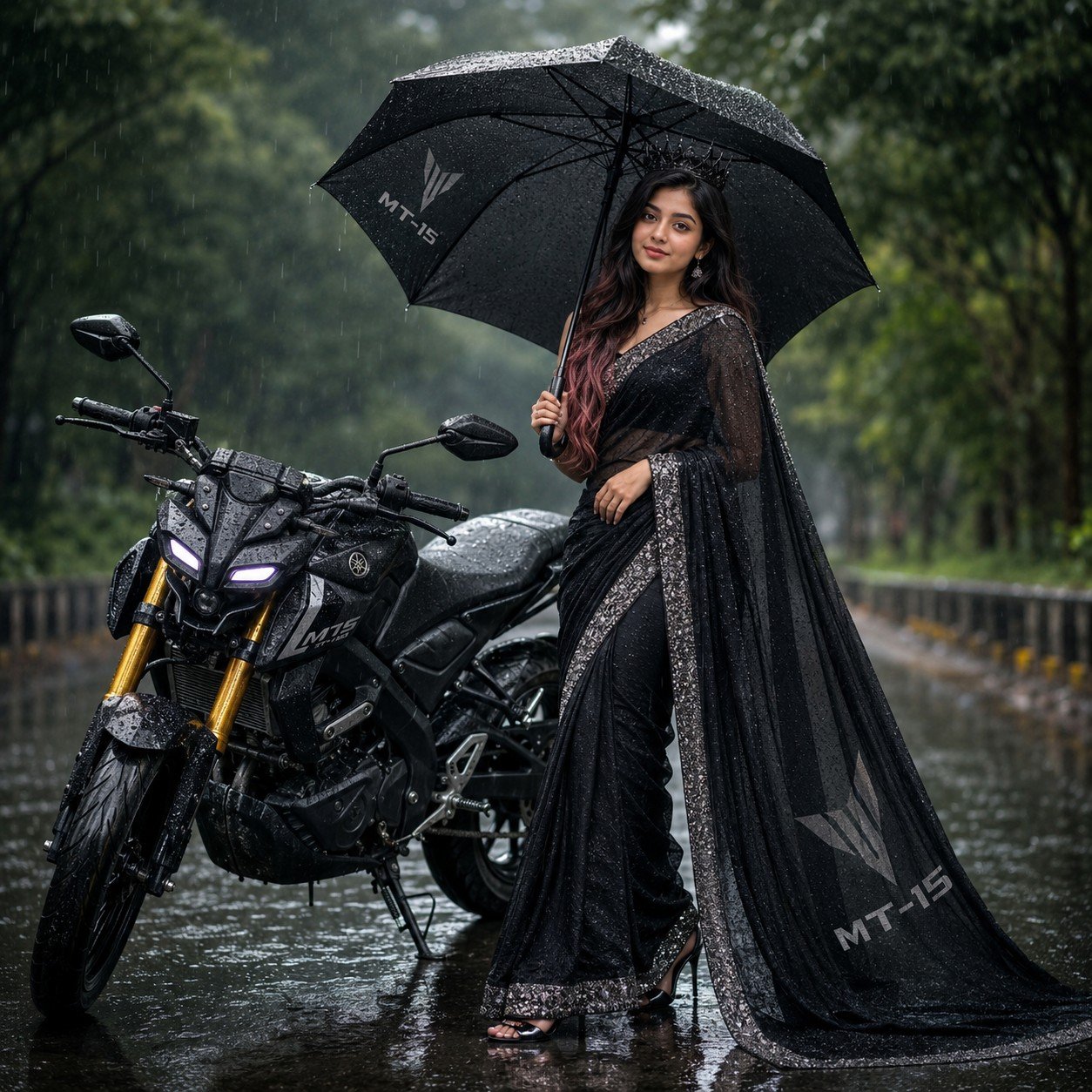 Stylish South Asian woman in a black designer saree standing beside a Yamaha MT-15 motorcycle in a cinematic rainy fashion portrait Prompt.