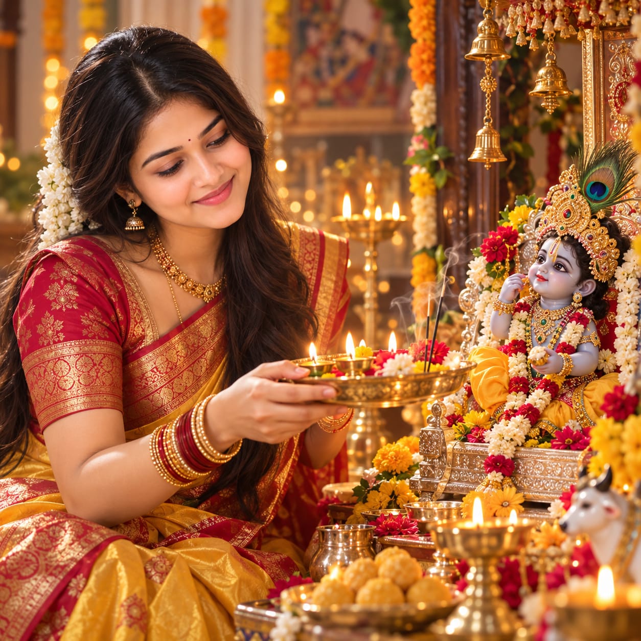 Indian mother in a yellow-red silk saree performing aarti for decorated Laddu Gopal in a traditional Janmashtami home temple.