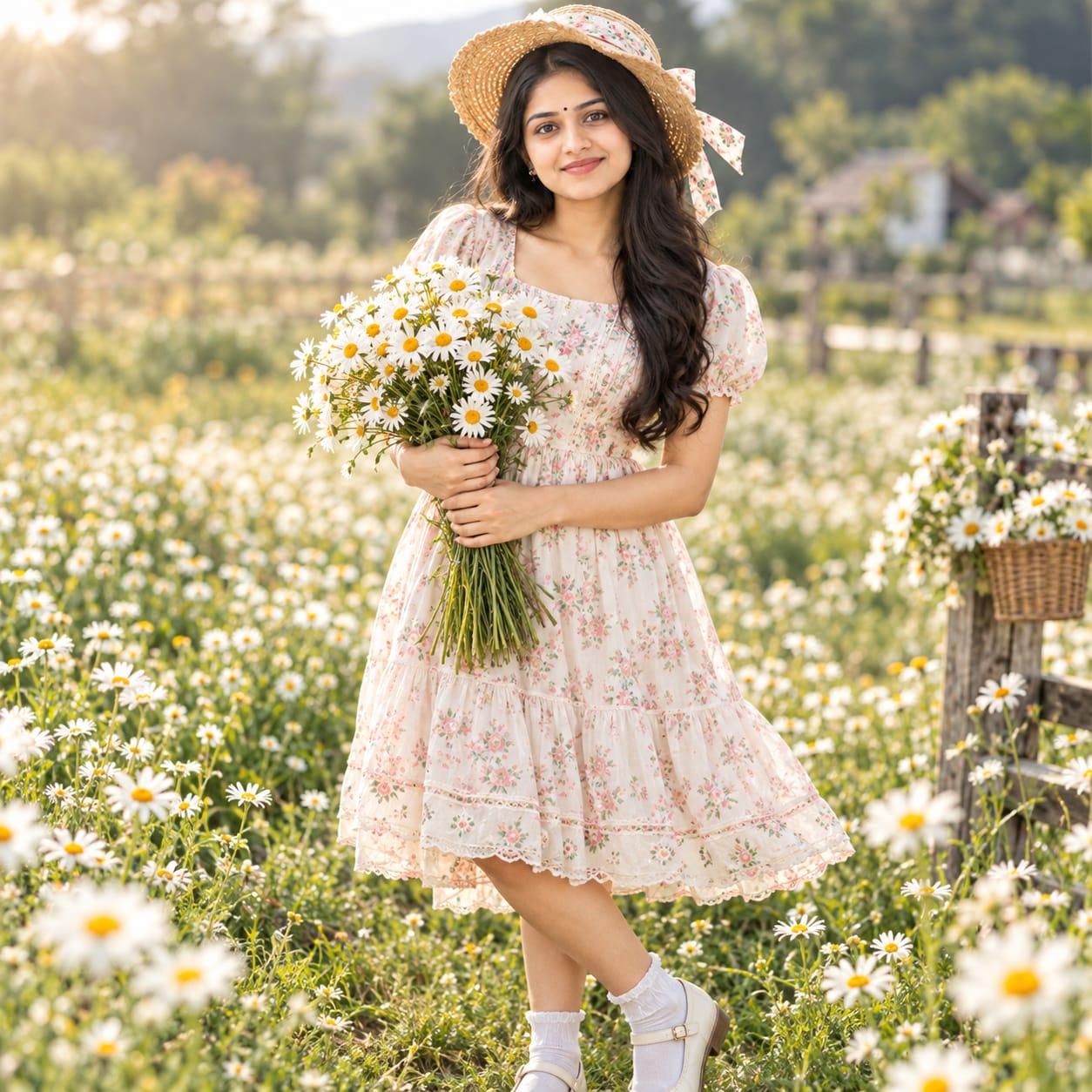 Young girl in a pastel floral dress and straw hat holding a daisy bouquet in a blooming countryside flower field