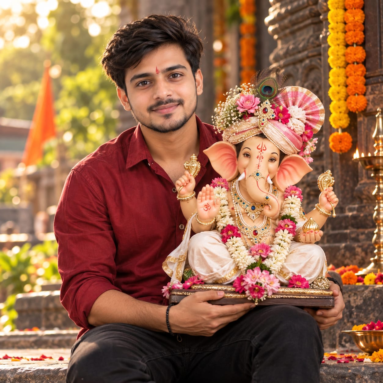Young Indian man smiling while holding a beautifully decorated Lord Ganesha idol during an outdoor Ganesh Chaturthi celebration.