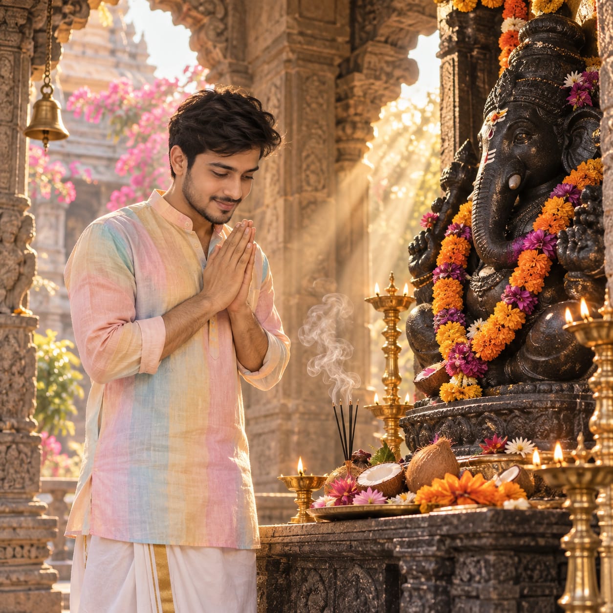 Young Indian man in a pastel rainbow kurta praying before a black-stone Lord Ganesha idol inside a traditional Indian temple.
