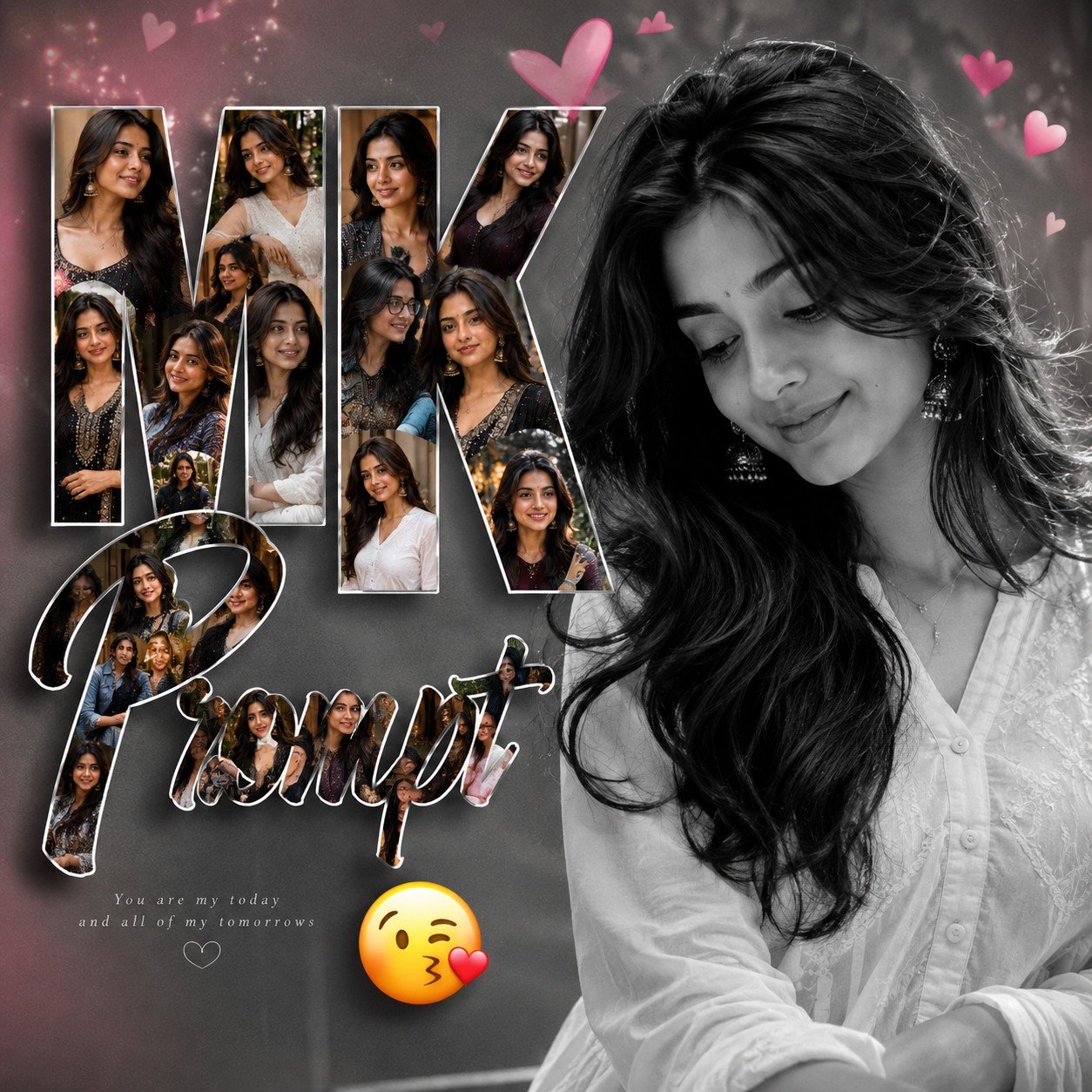 Woman featured in a romantic fan-edit collage with MK Prompt photo-mosaic typography and a black-and-white portrait Prompt.